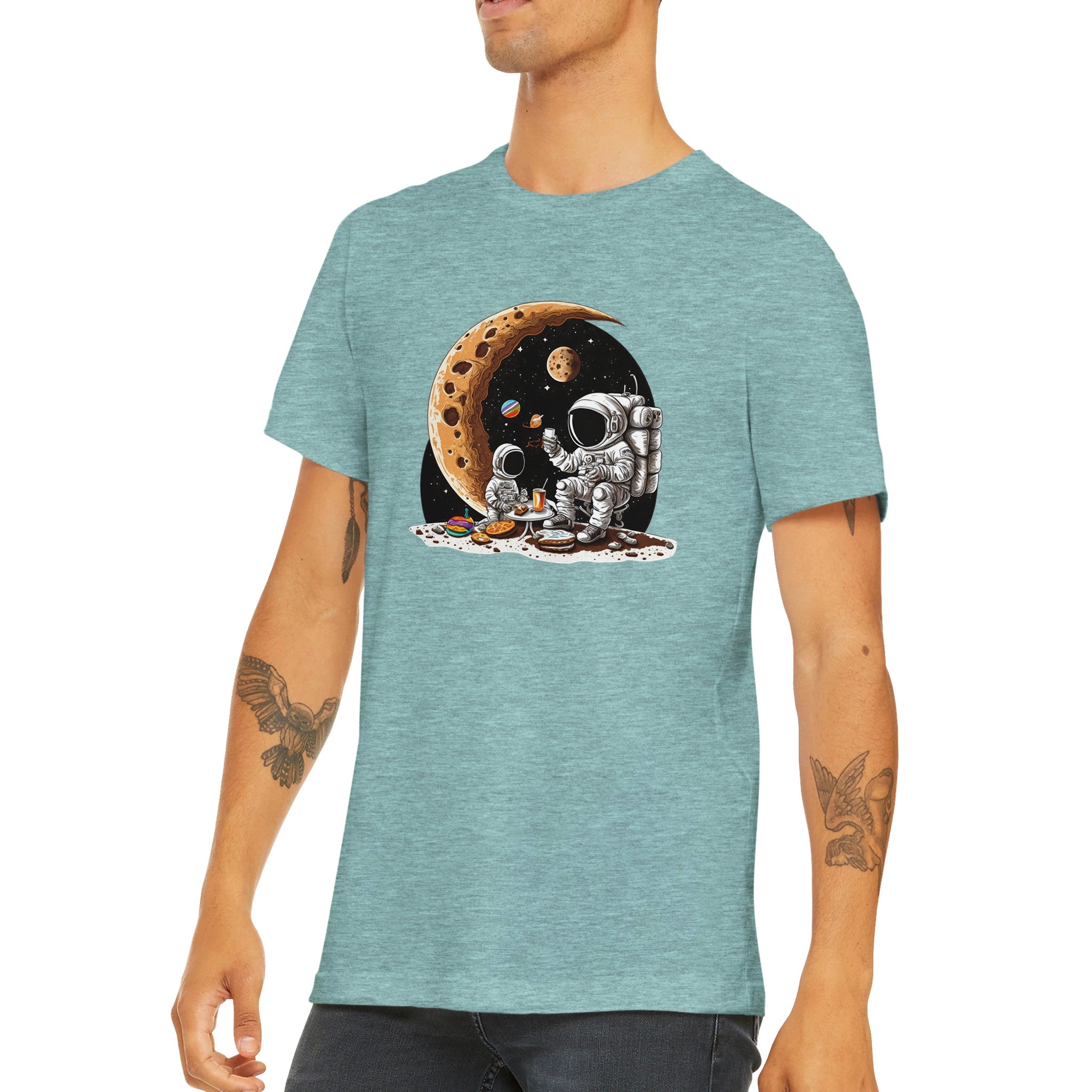 Budget Unisex Crewneck T-shirt/Astronaut-Son-Drinking-Coffee - Enet Images