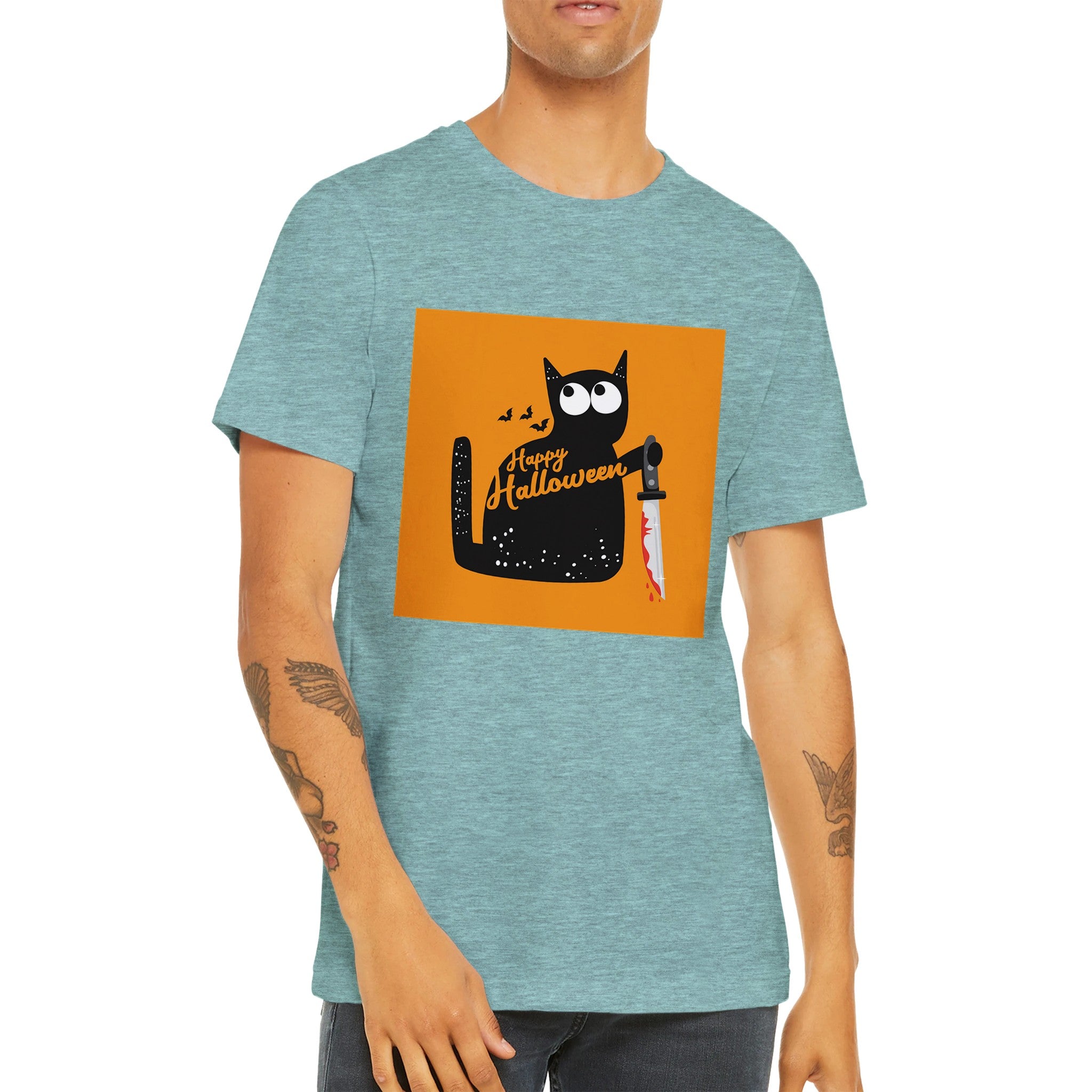 Budget Unisex Crewneck T-shirt/Cat-Holding-Bloody-Knife - Enet Images