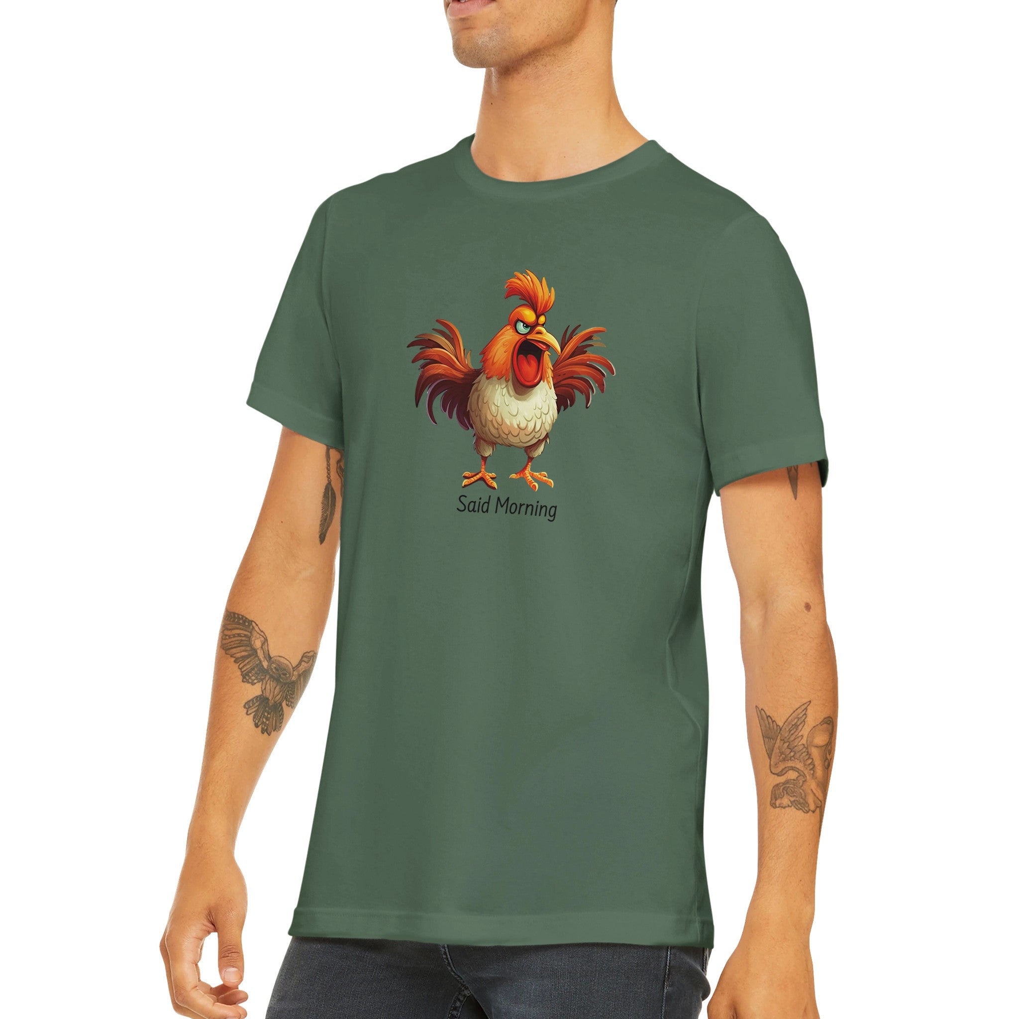 Budget Unisex Crewneck T-shirt/Funny-Rooster-Said-Morning - Enet Images