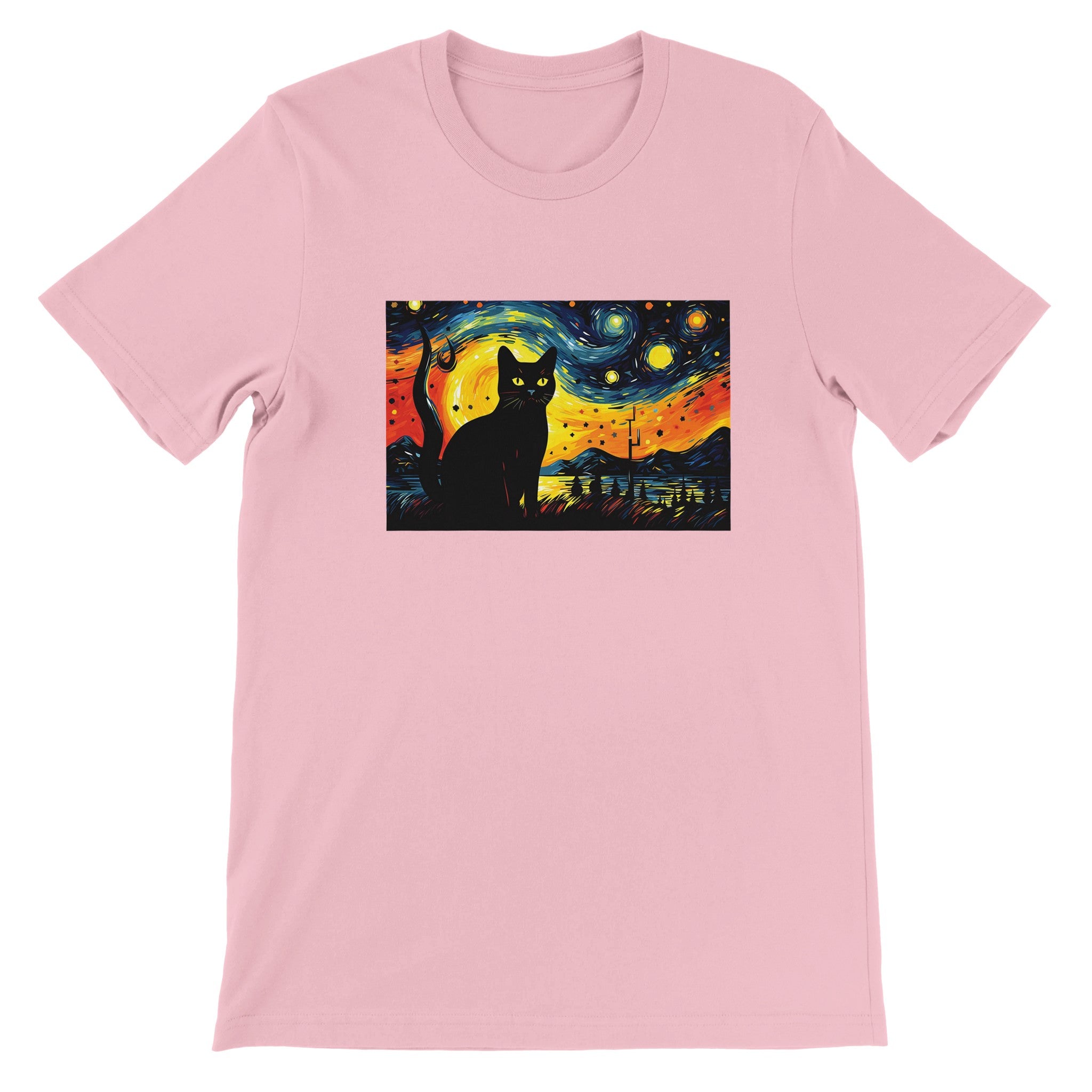 Budget UnisexCrewneck T-shirt/Black-Cat-Van-Cogh-Halloween - Enet Images