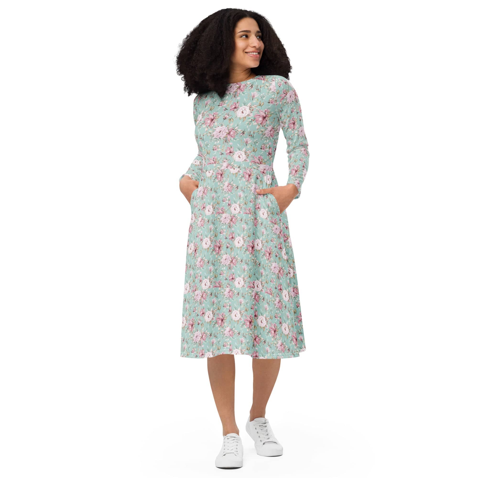 All-over print long sleeve midi dress/Athina - Enet Images