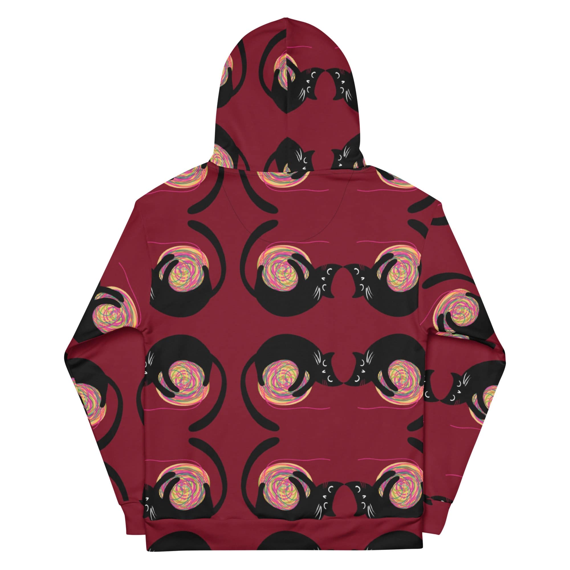 All-Over Print Unisex Hoodie/Black-Cat-Playing-With-Cotton - Enet Images