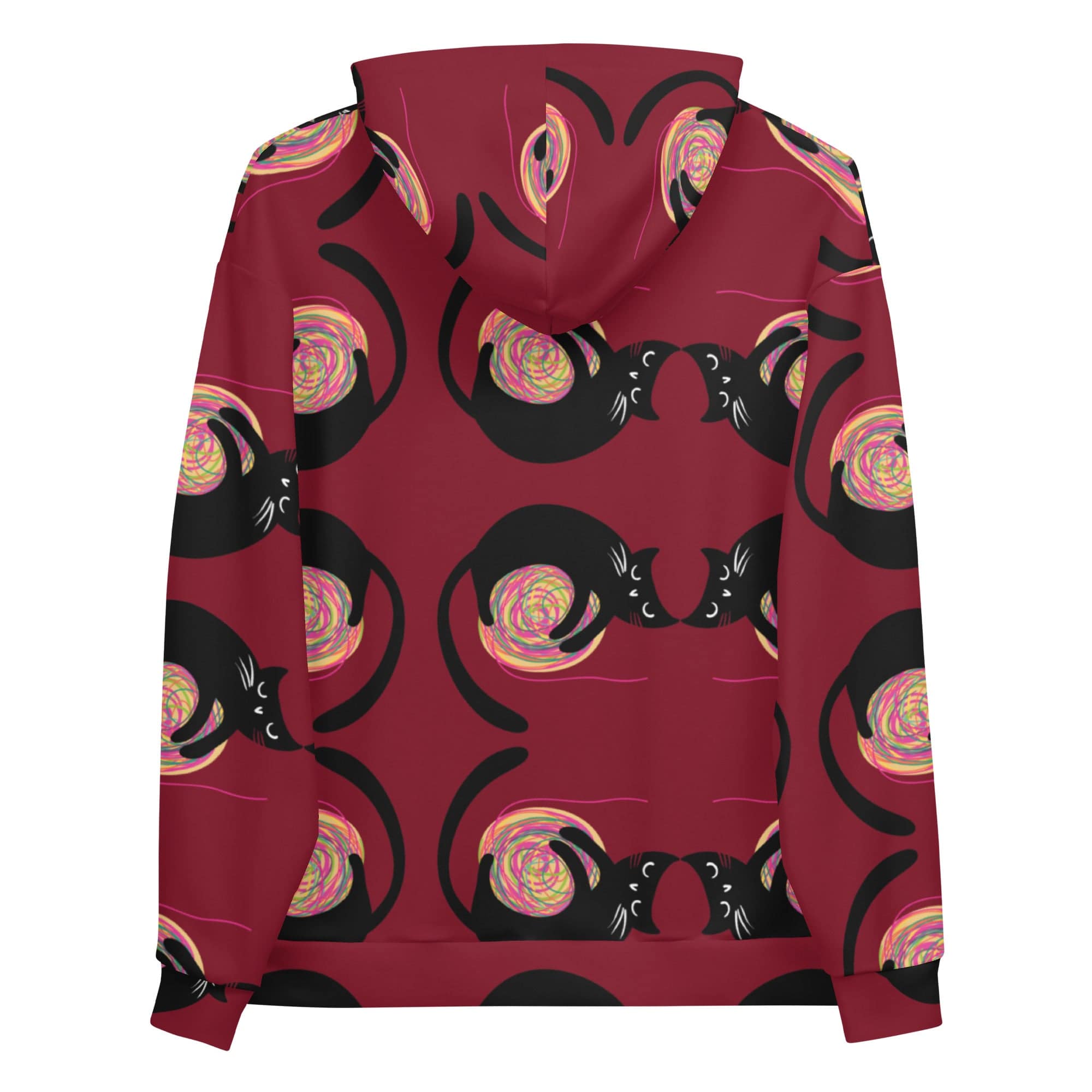 All-Over Print Unisex Hoodie/Black-Cat-Playing-With-Cotton - Enet Images