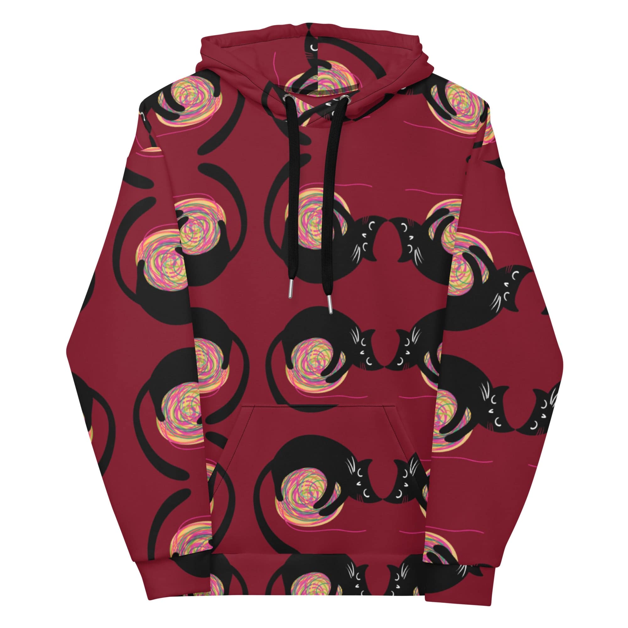 All-Over Print Unisex Hoodie/Black-Cat-Playing-With-Cotton - Enet Images