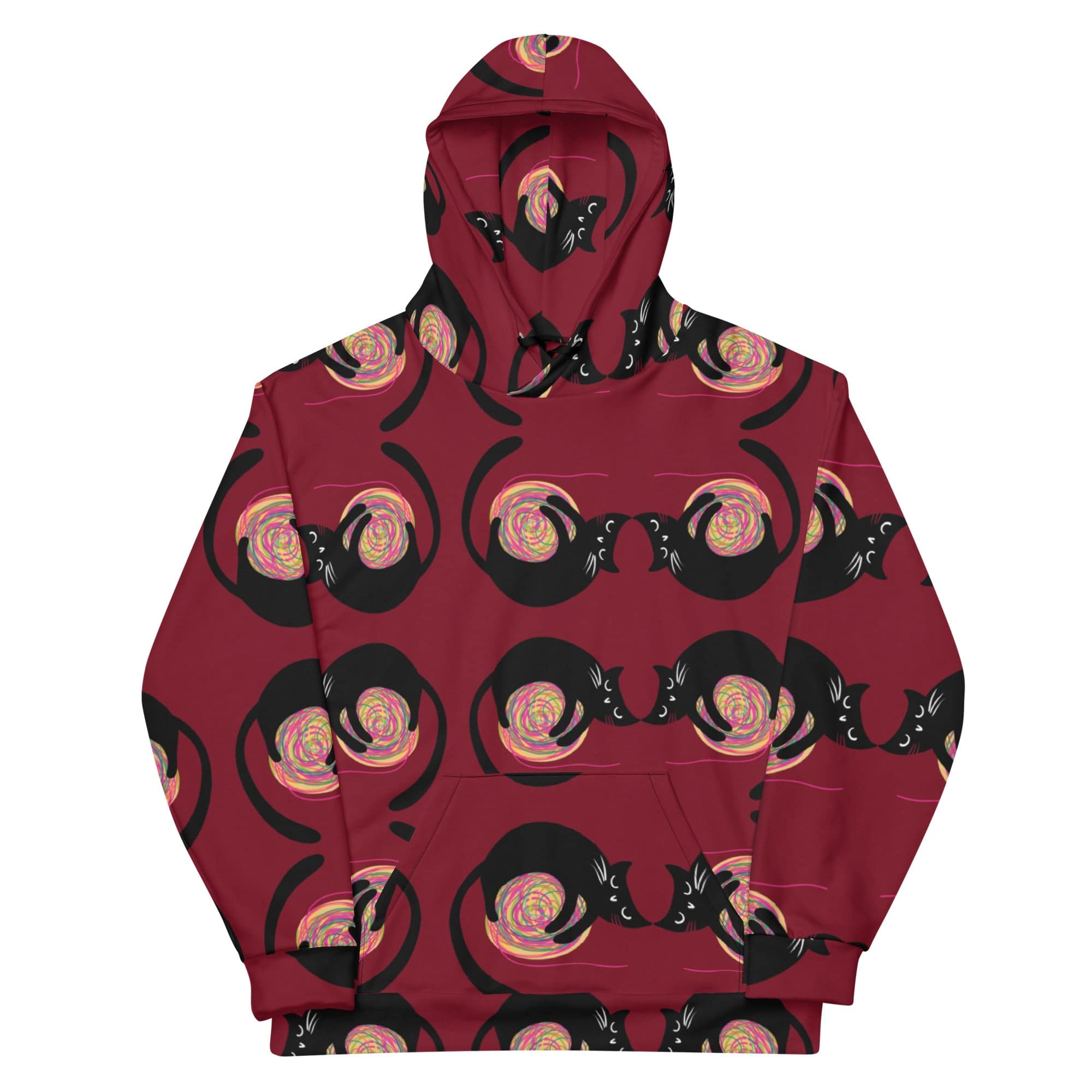 All-Over Print Unisex Hoodie/Black-Cat-Playing-With-Cotton - Enet Images