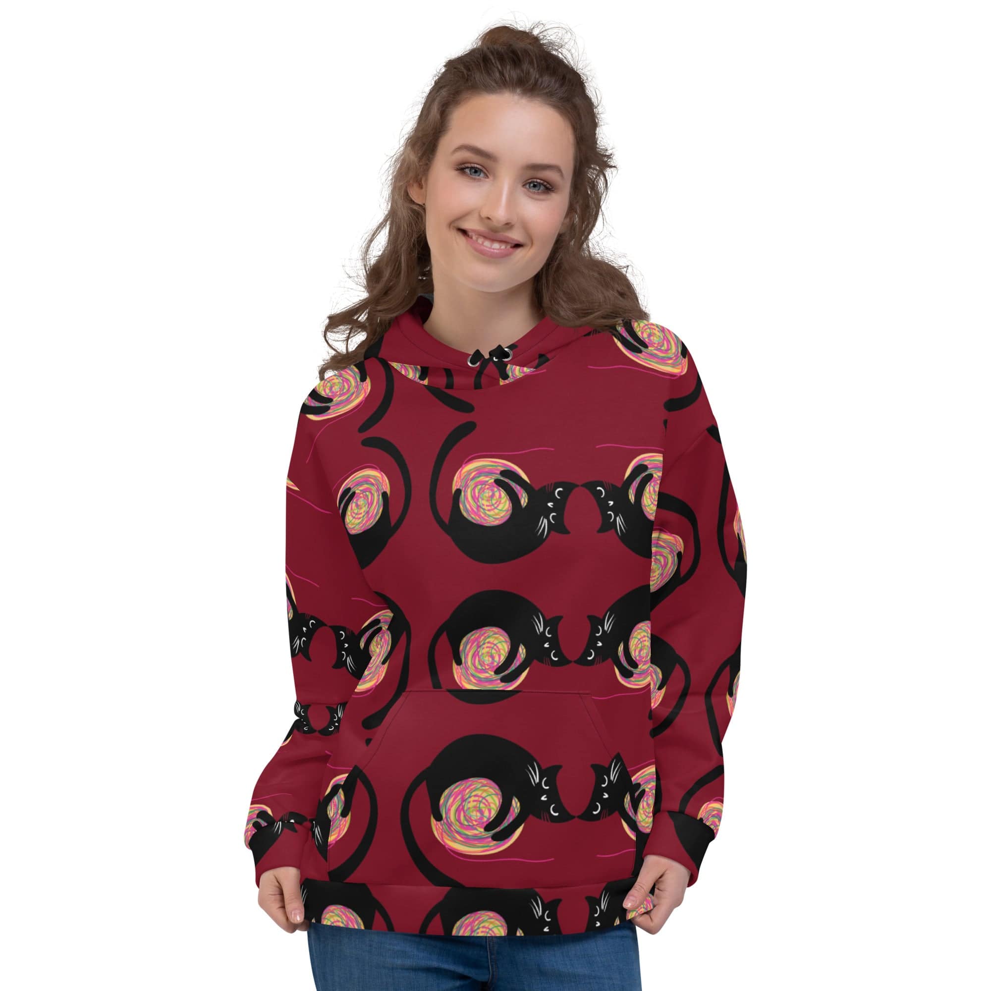 All-Over Print Unisex Hoodie/Black-Cat-Playing-With-Cotton - Enet Images