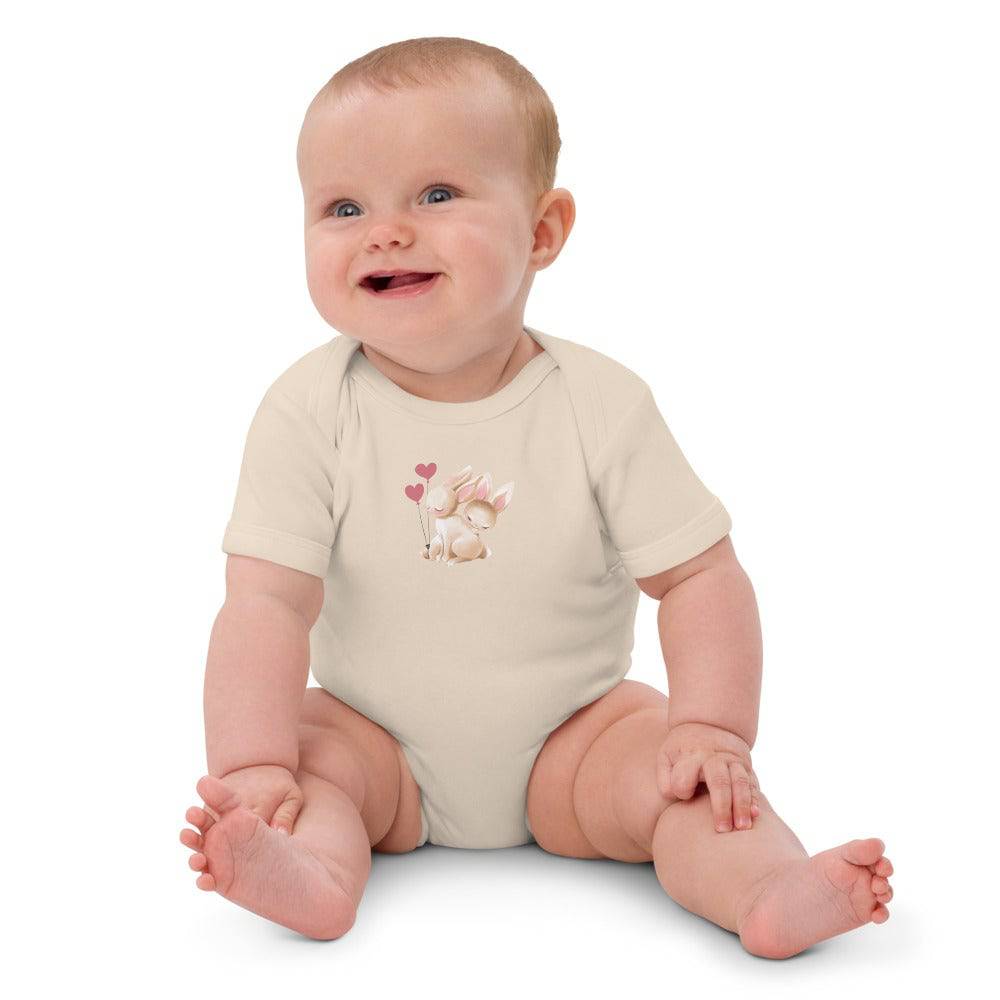 Organic cotton baby bodysuit/Bunnies two Hearts - Enet Images