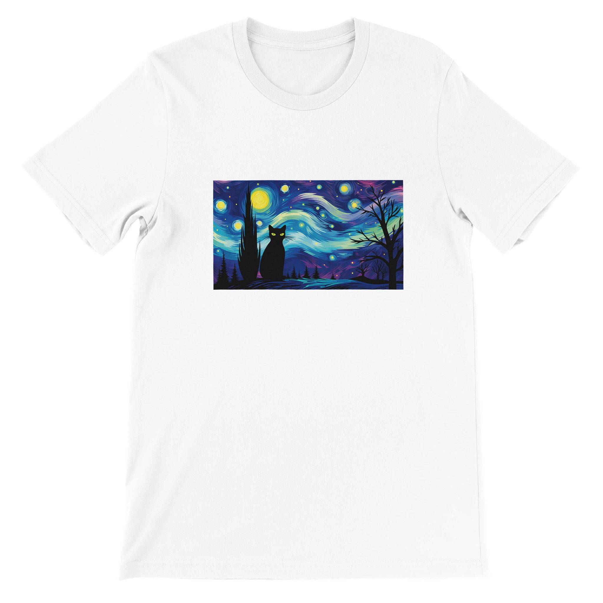 Budget Unisex Crewneck T-shirt/Black-Cat-Starry-Night-Halloween - Enet Images