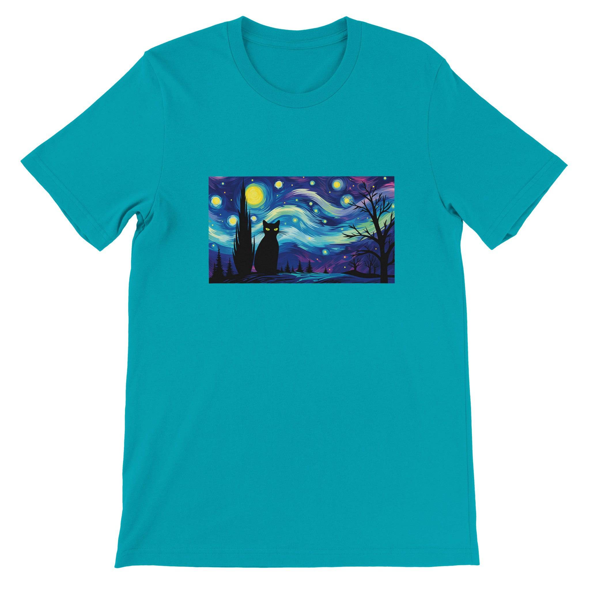 Budget Unisex Crewneck T-shirt/Black-Cat-Starry-Night-Halloween - Enet Images