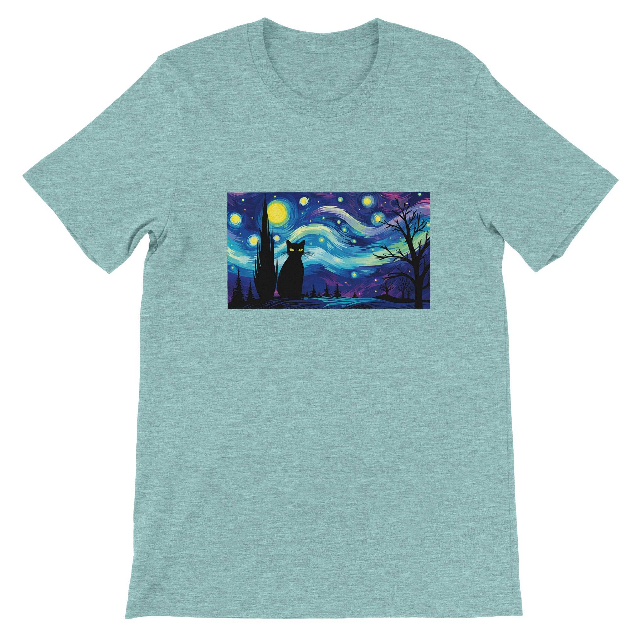 Budget Unisex Crewneck T-shirt/Black-Cat-Starry-Night-Halloween - Enet Images