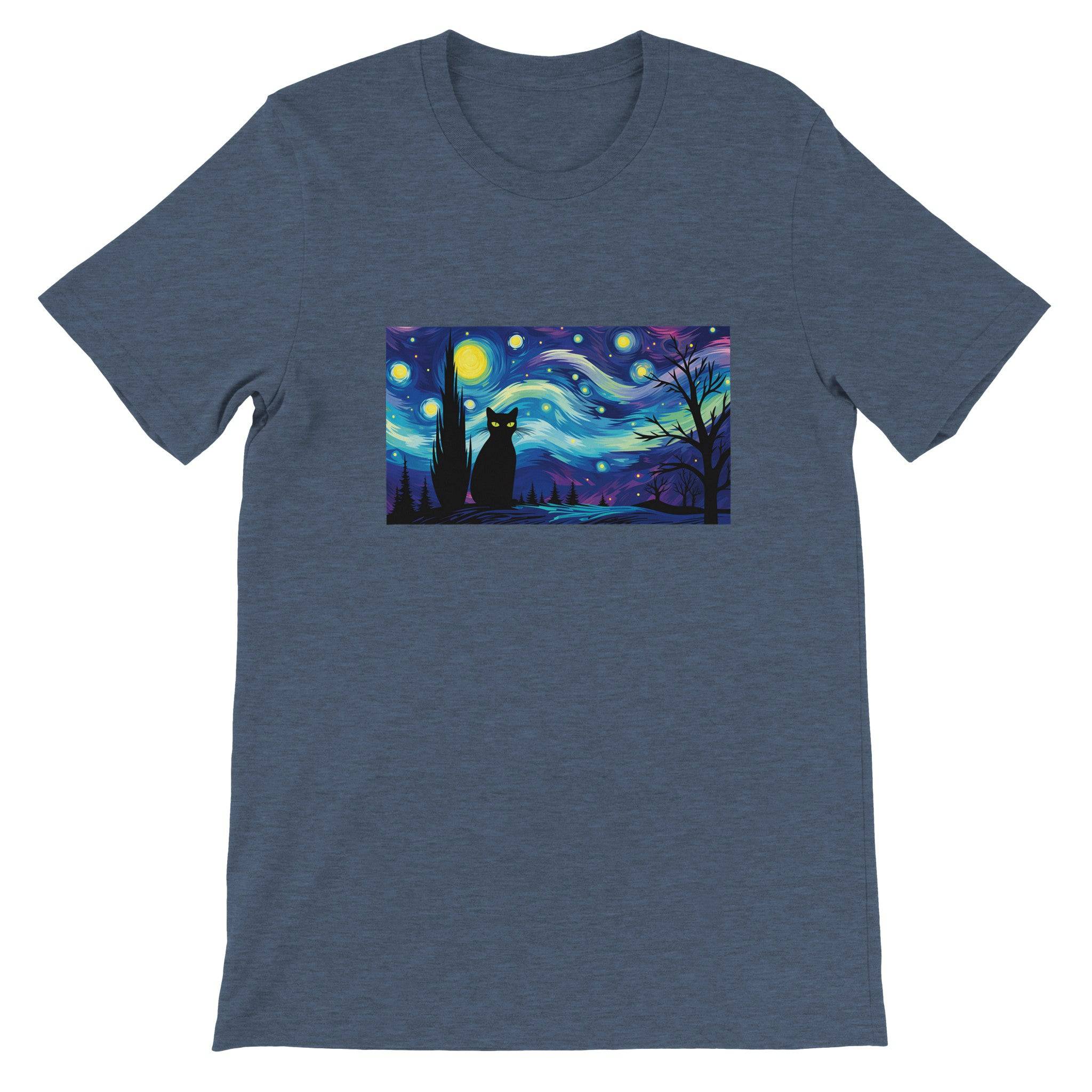 Budget Unisex Crewneck T-shirt/Black-Cat-Starry-Night-Halloween - Enet Images