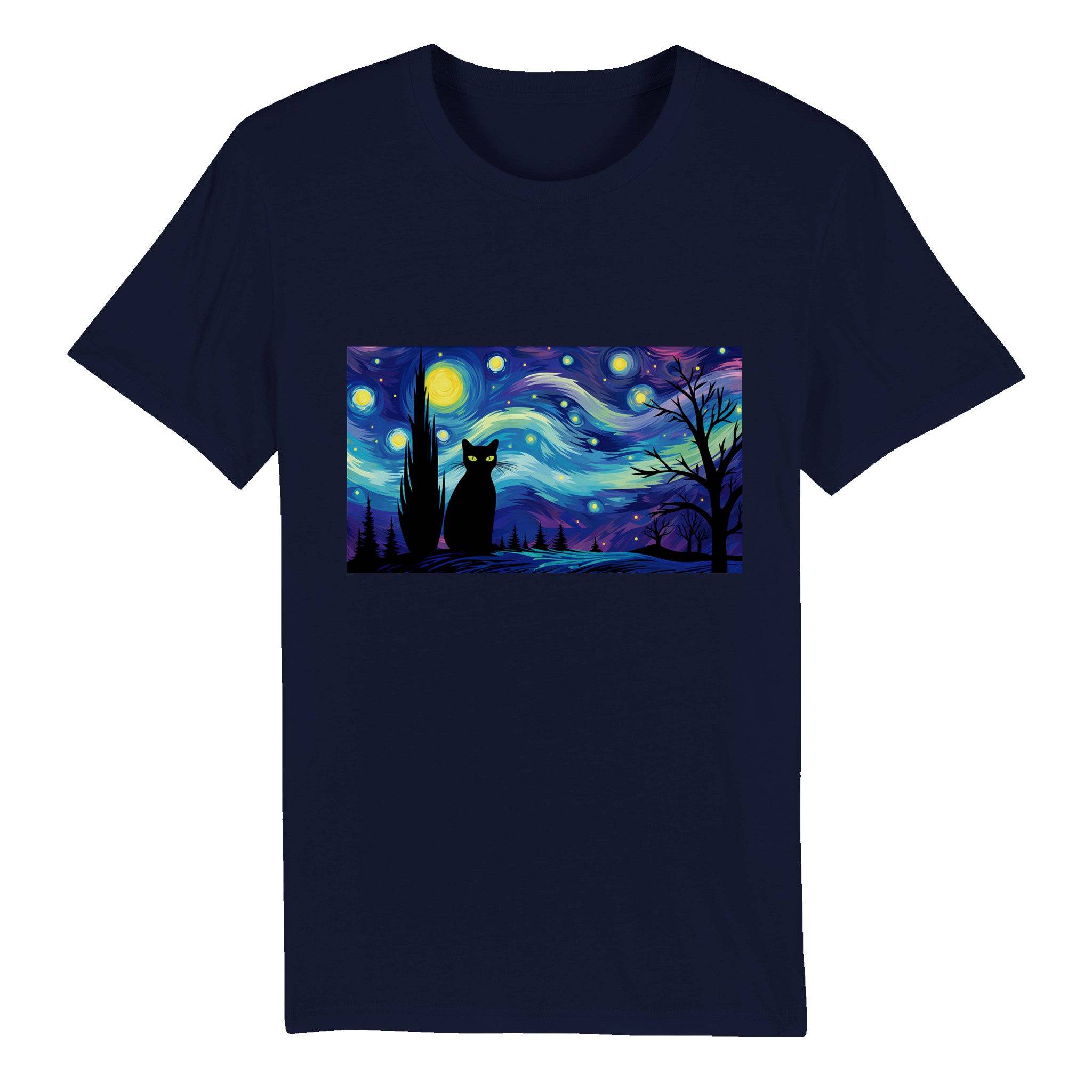 100% Organic Unisex T-shirt/Black-Cat-Starry-Night-Halloween - Enet Images