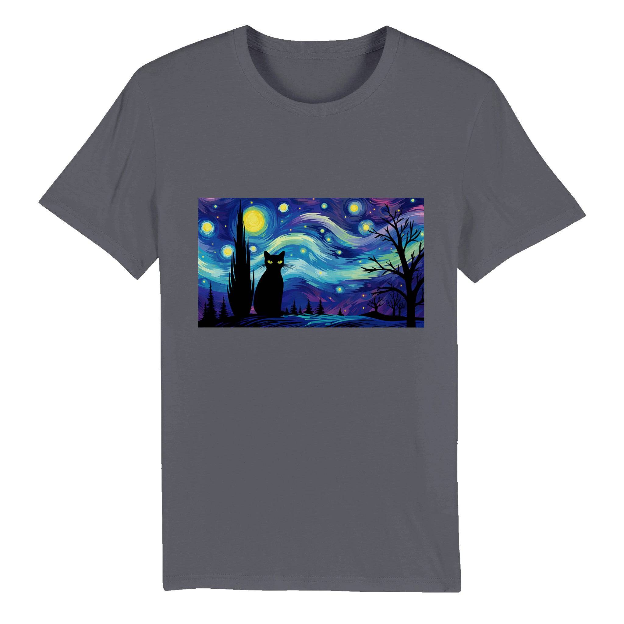 100% Organic Unisex T-shirt/Black-Cat-Starry-Night-Halloween - Enet Images