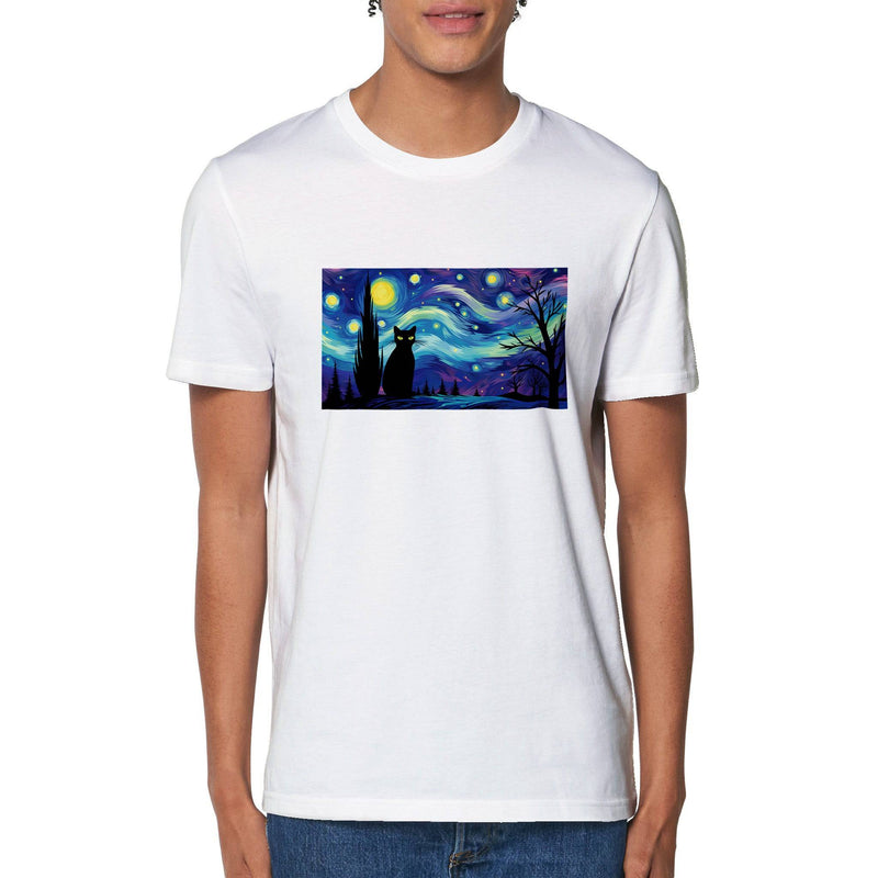 100% Organic Unisex T-shirt/Black-Cat-Starry-Night-Halloween - Enet Images
