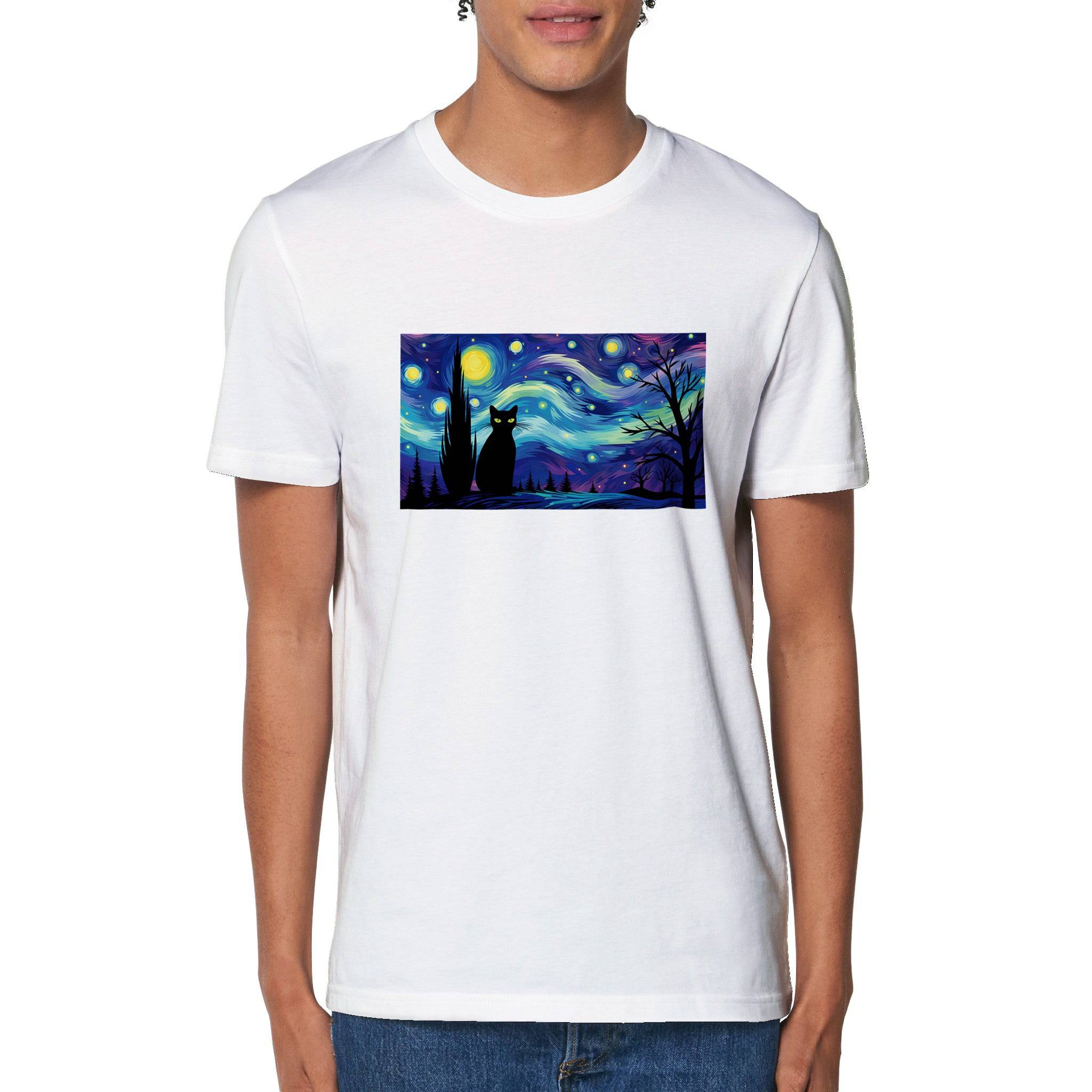 100% Organic Unisex T-shirt/Black-Cat-Starry-Night-Halloween - Enet Images