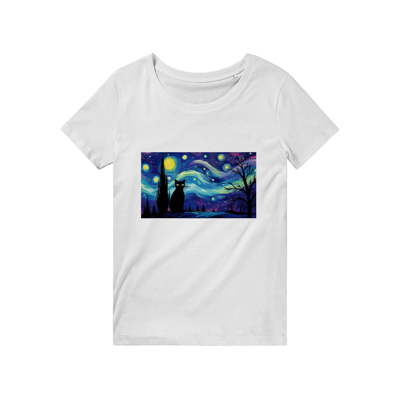100% Organic Unisex T-shirt/Black-Cat-Starry-Night-Halloween - Enet Images