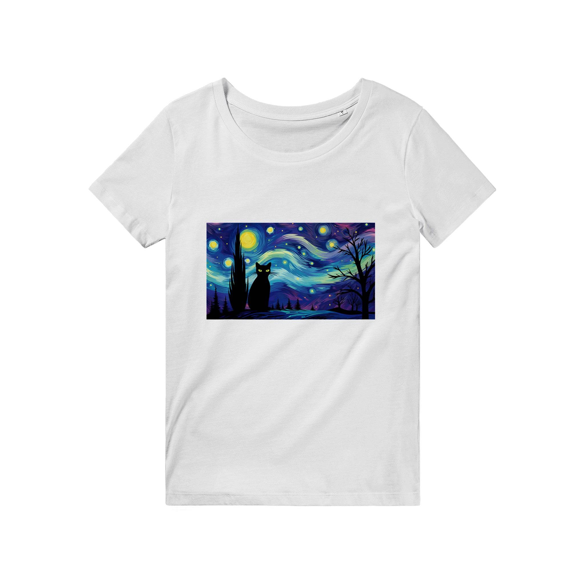 100% Organic Unisex T-shirt/Black-Cat-Starry-Night-Halloween - Enet Images