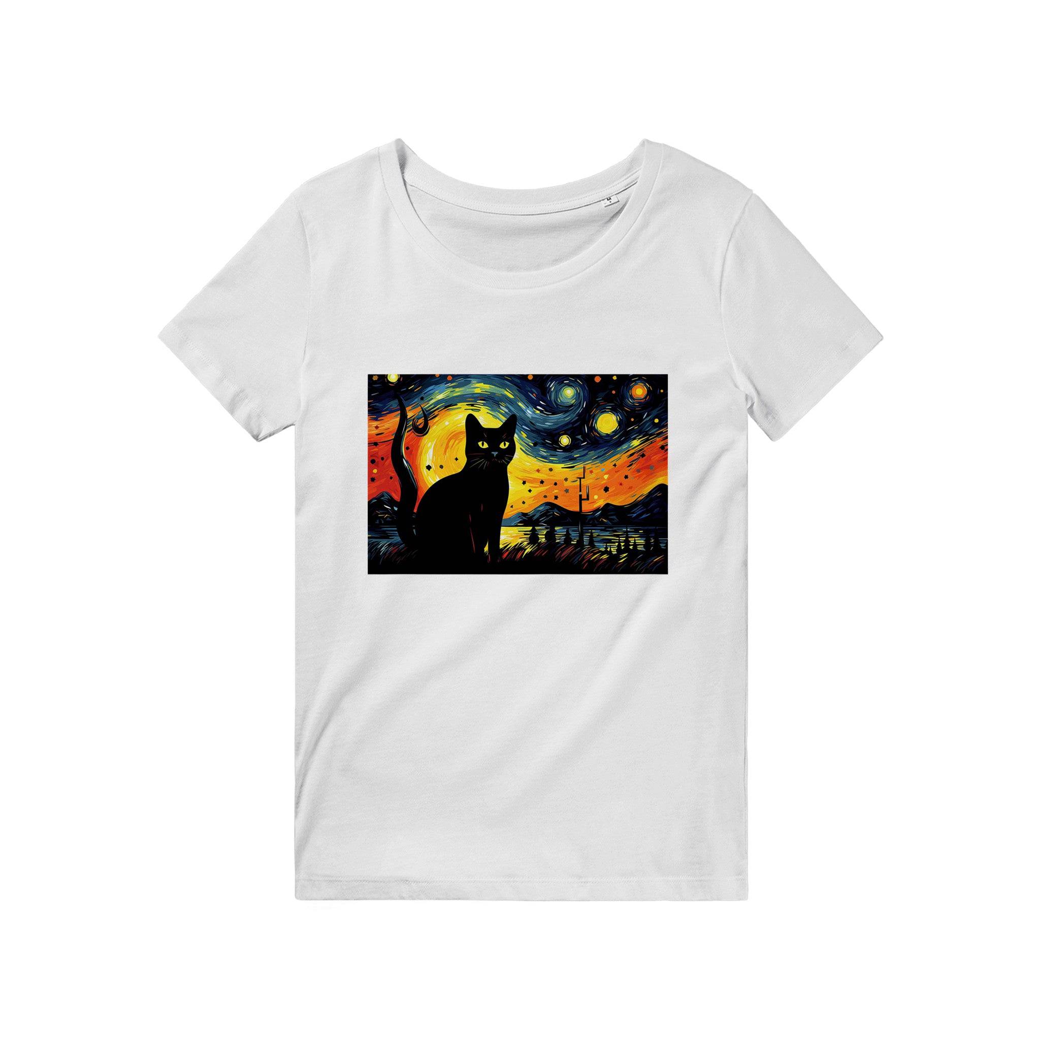 100% Organic Unisex T-shirt/Black-Cat-Van-Cogh-Halloween - Enet Images