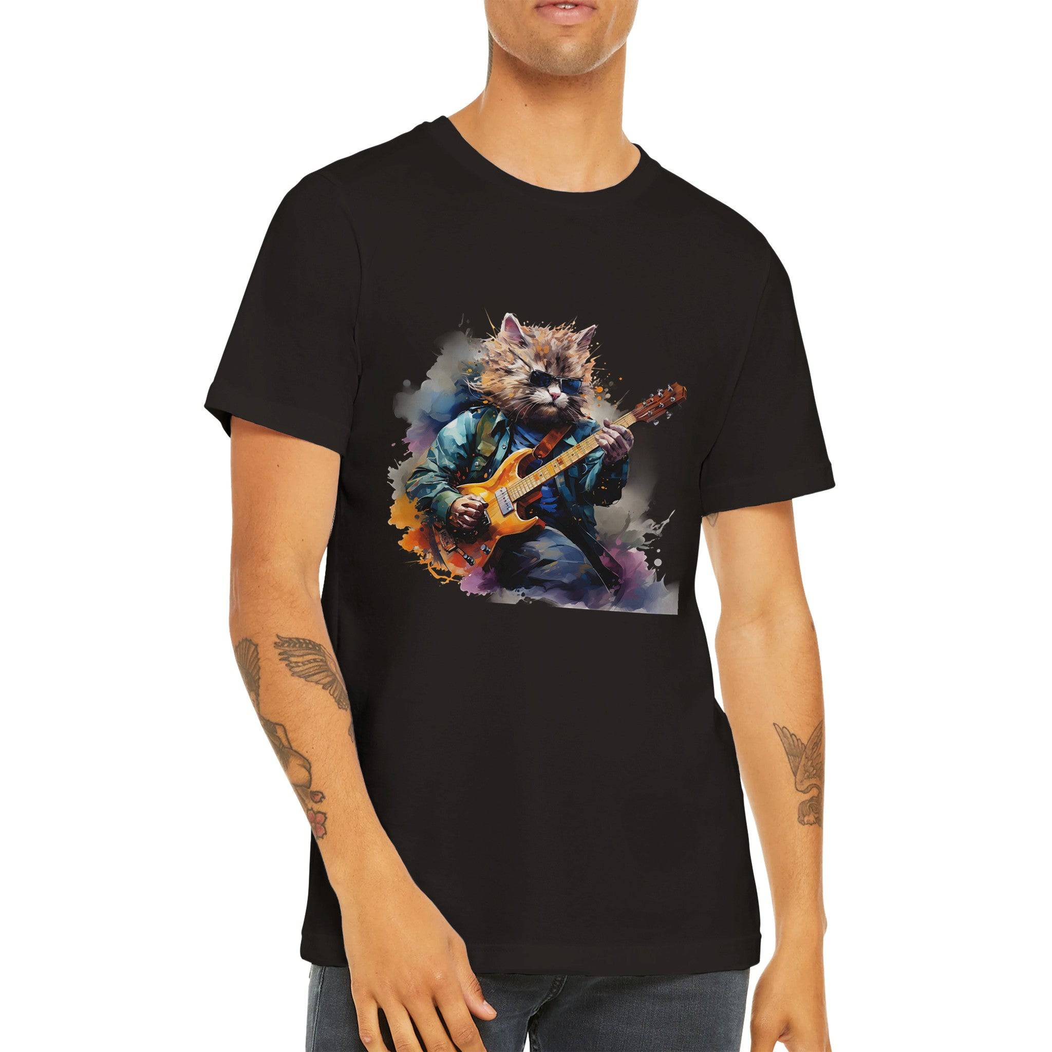 Budget Unisex Crewneck T-shirt/Cat-Playing-Electric-Guitar - Enet Images