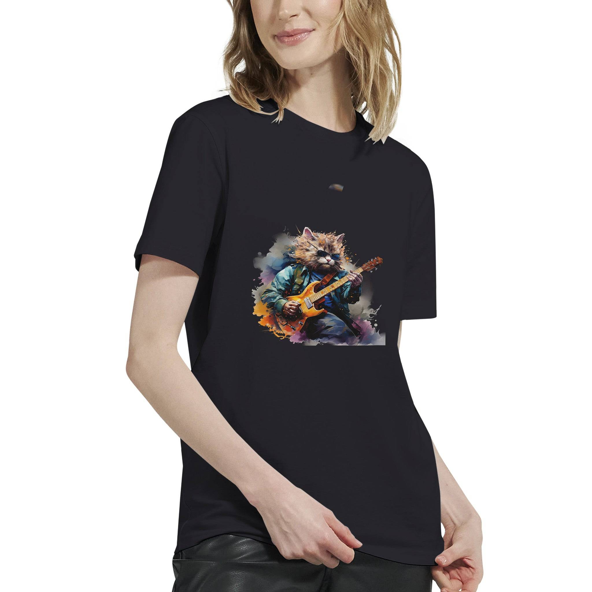 Budget Unisex Crewneck T-shirt/Cat-Playing-Electric-Guitar - Enet Images