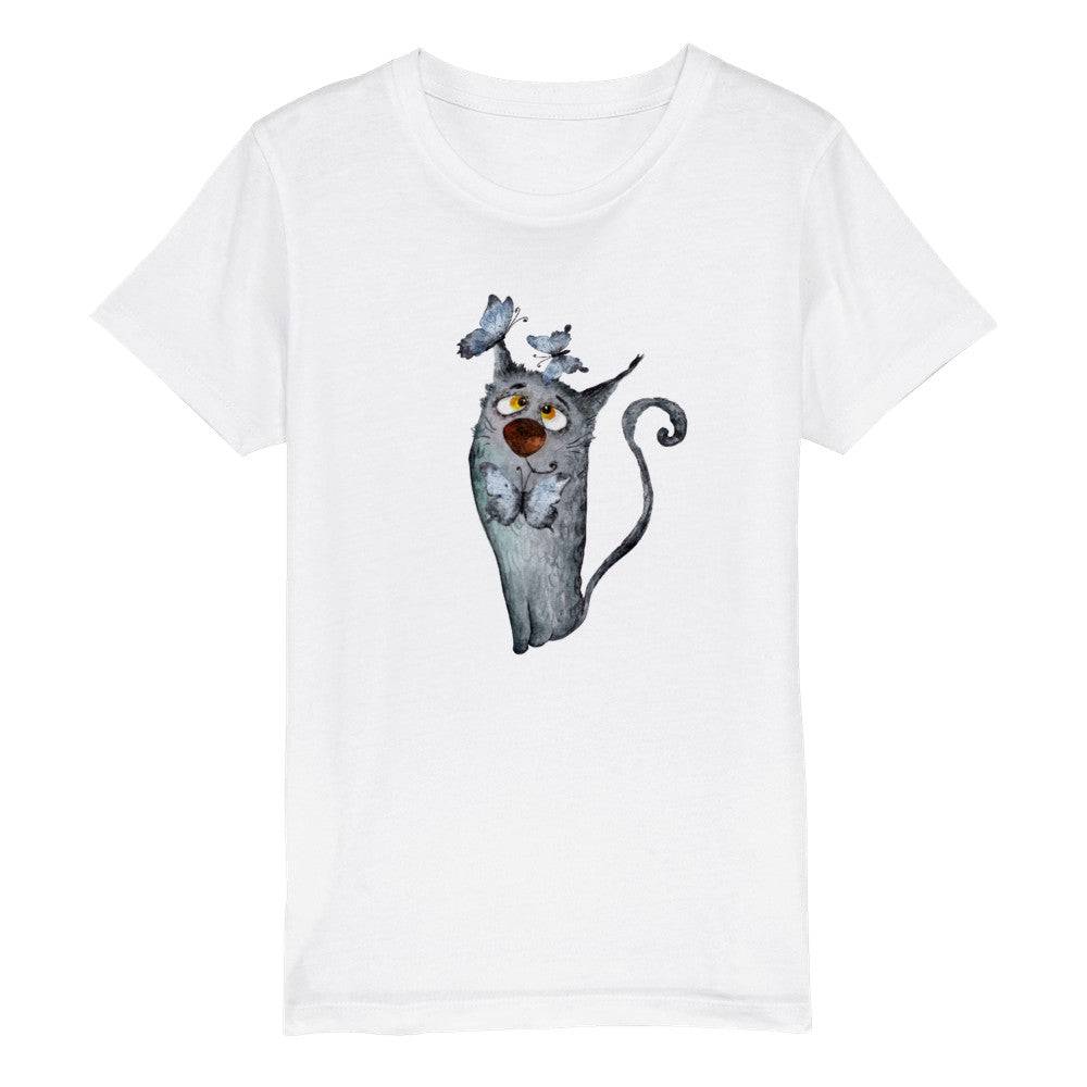 Organic Kids Crewneck T-shirt/Artistic-Animals-Cat-Butterflies - Enet Images