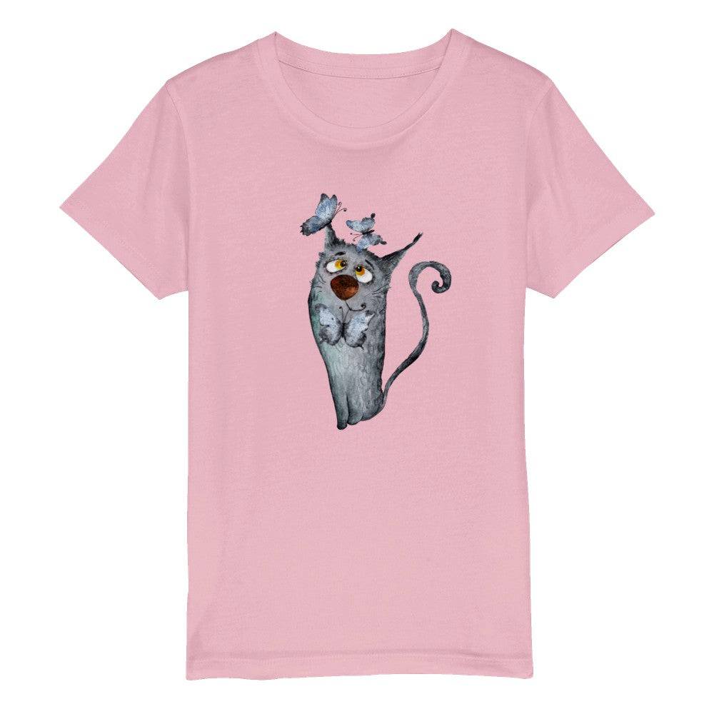 Organic Kids Crewneck T-shirt/Artistic-Animals-Cat-Butterflies - Enet Images