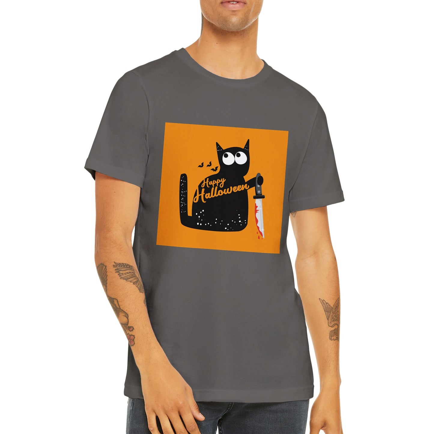 Budget Unisex Crewneck T-shirt/Cat-Holding-Bloody-Knife