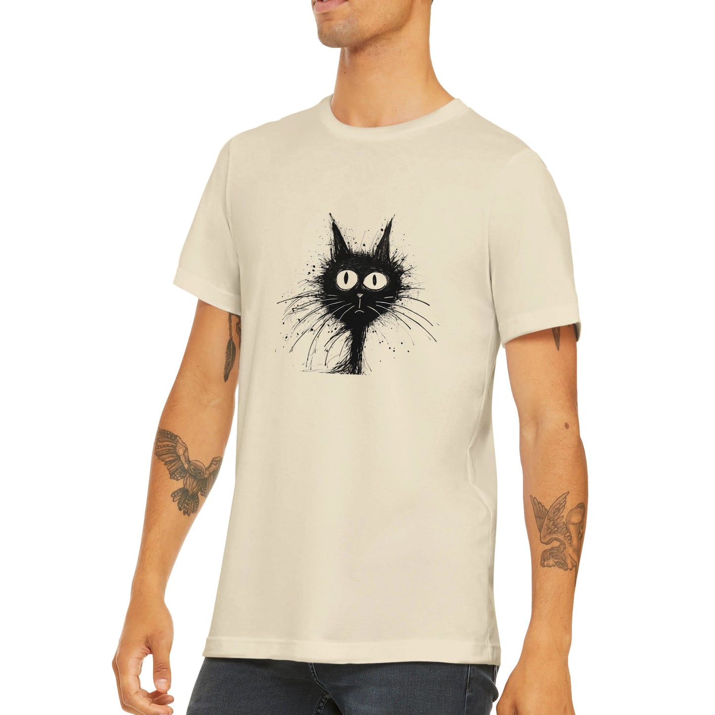 Budget Unisex Crewneck T-shirt/Funny-Hairy-Black-Cat-Face