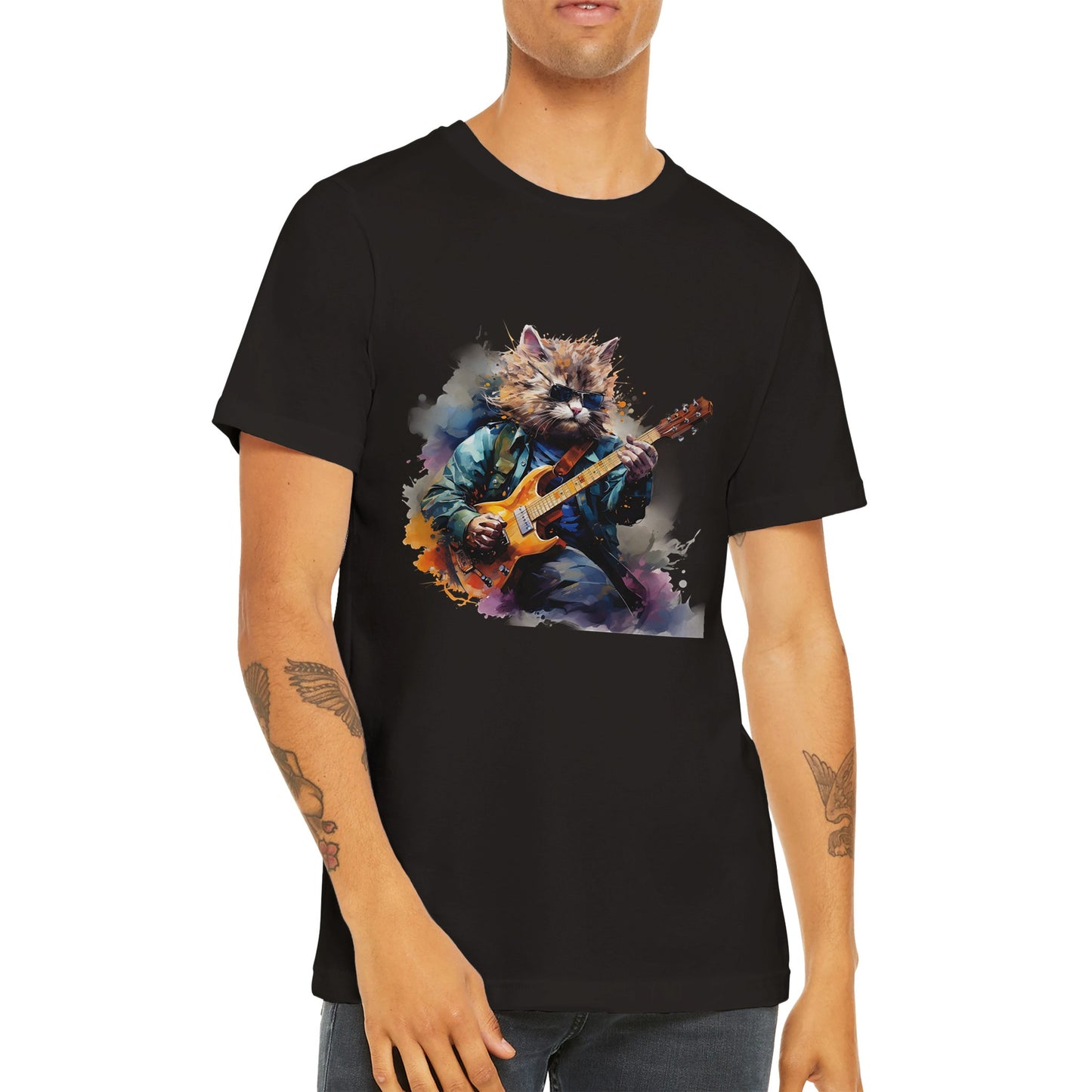 Budget Unisex Crewneck T-shirt/Cat-Playing-Electric-Guitar