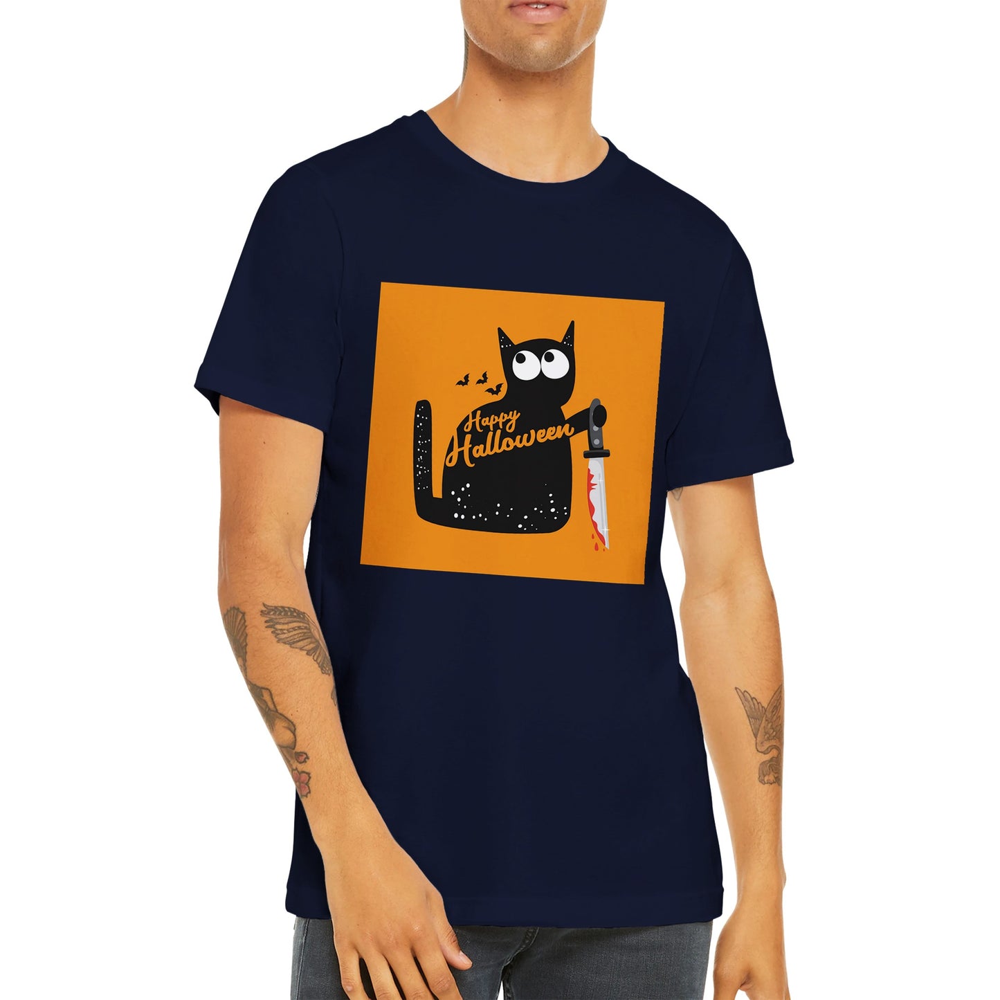 Budget Unisex Crewneck T-shirt/Cat-Holding-Bloody-Knife