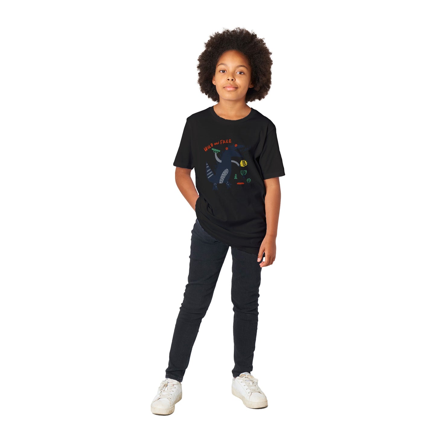 Bio-Kinder-T-Shirt mit Rundhalsausschnitt/Dino-Schwarz-Brüllen