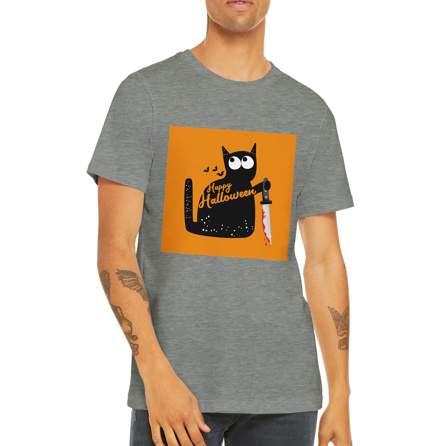 Budget Unisex Crewneck T-shirt/Cat-Holding-Bloody-Knife