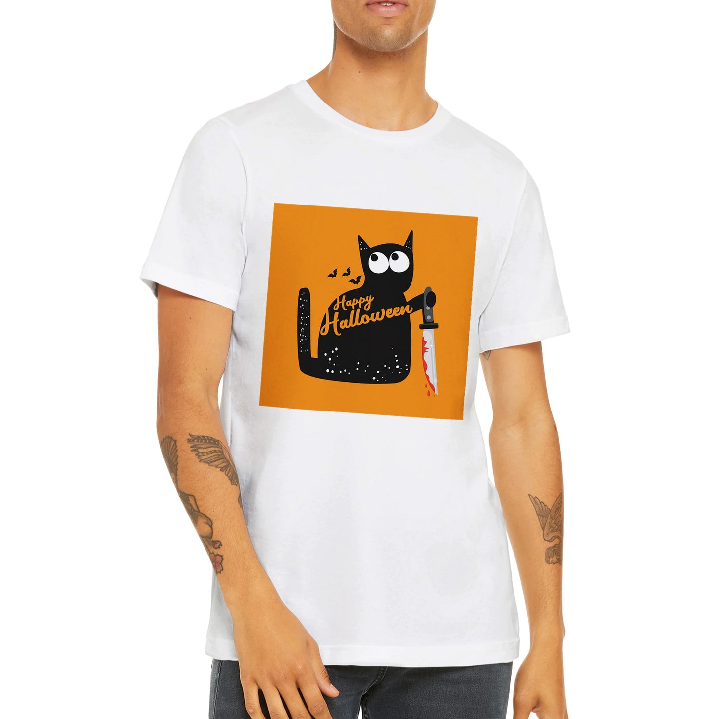 Budget Unisex Crewneck T-shirt/Cat-Holding-Bloody-Knife