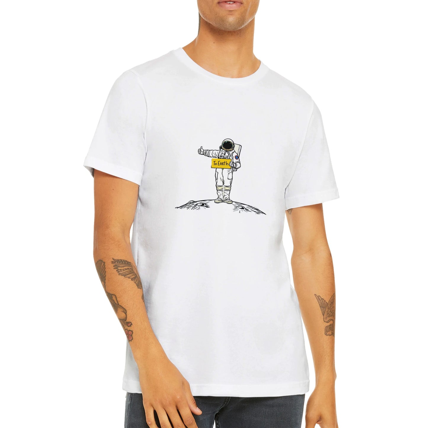 Budget Unisex Crewneck T-shirt/Astronaut-Hiking-On-Moon