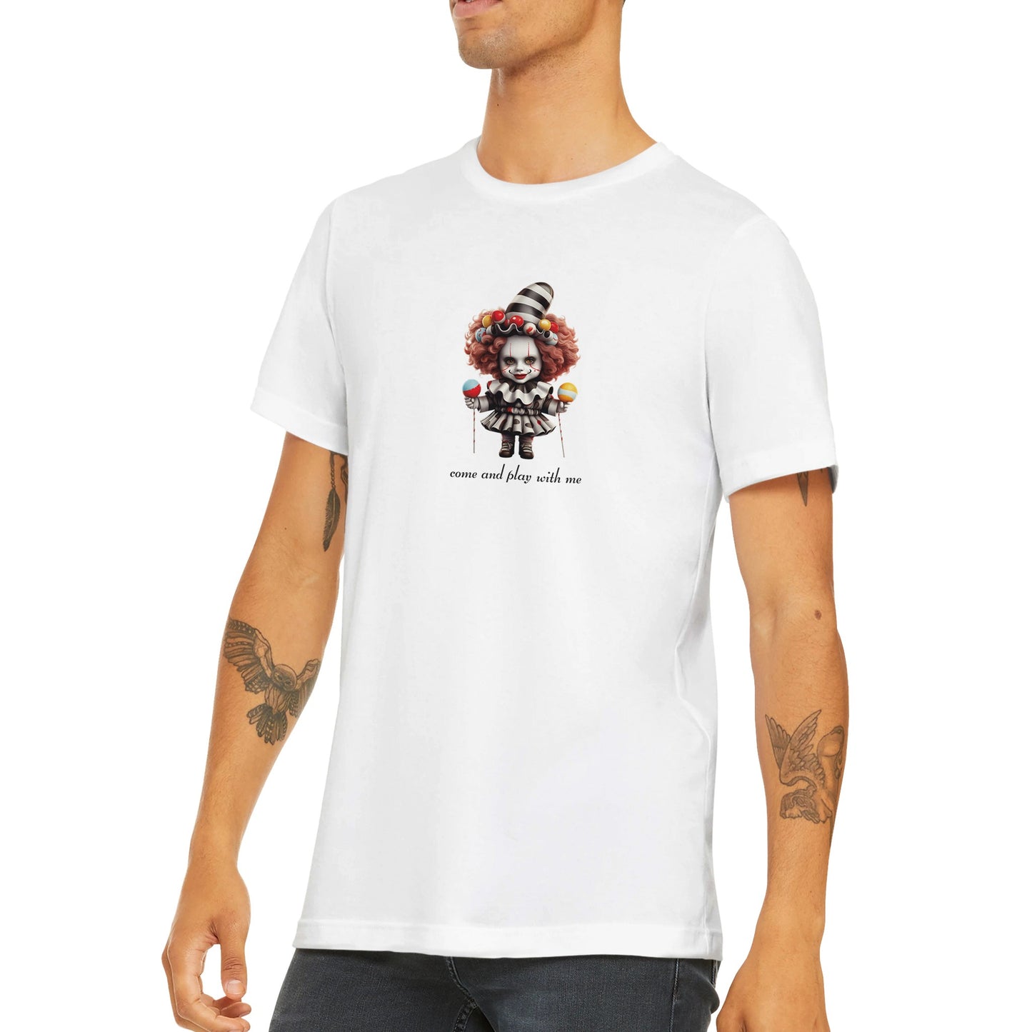 Günstiges Unisex-T-Shirt mit Rundhalsausschnitt/Creepy-Halloween-Puppe