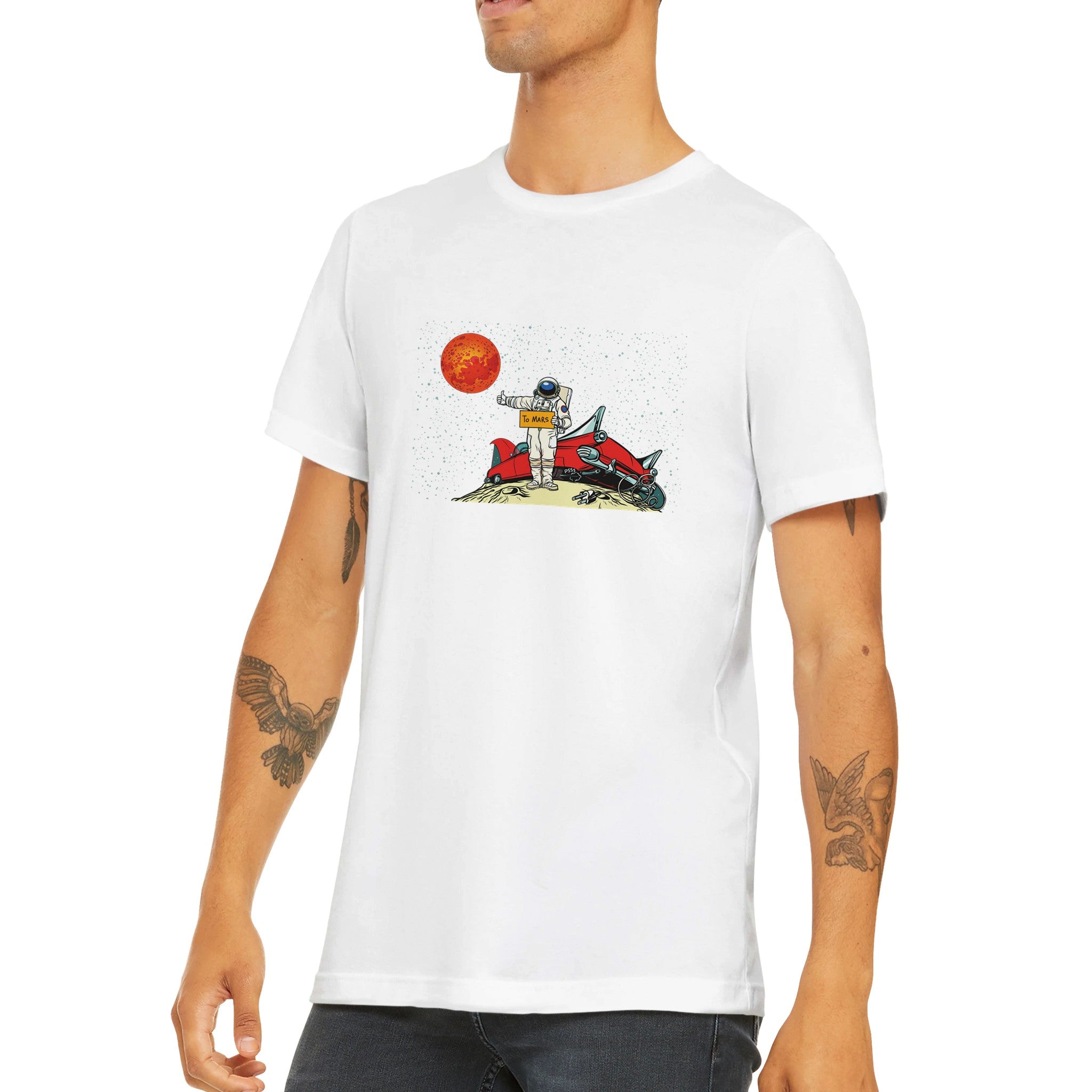 Budget Unisex Crewneck T-shirt/Astronaut-Car-On-Moon - Enet Images