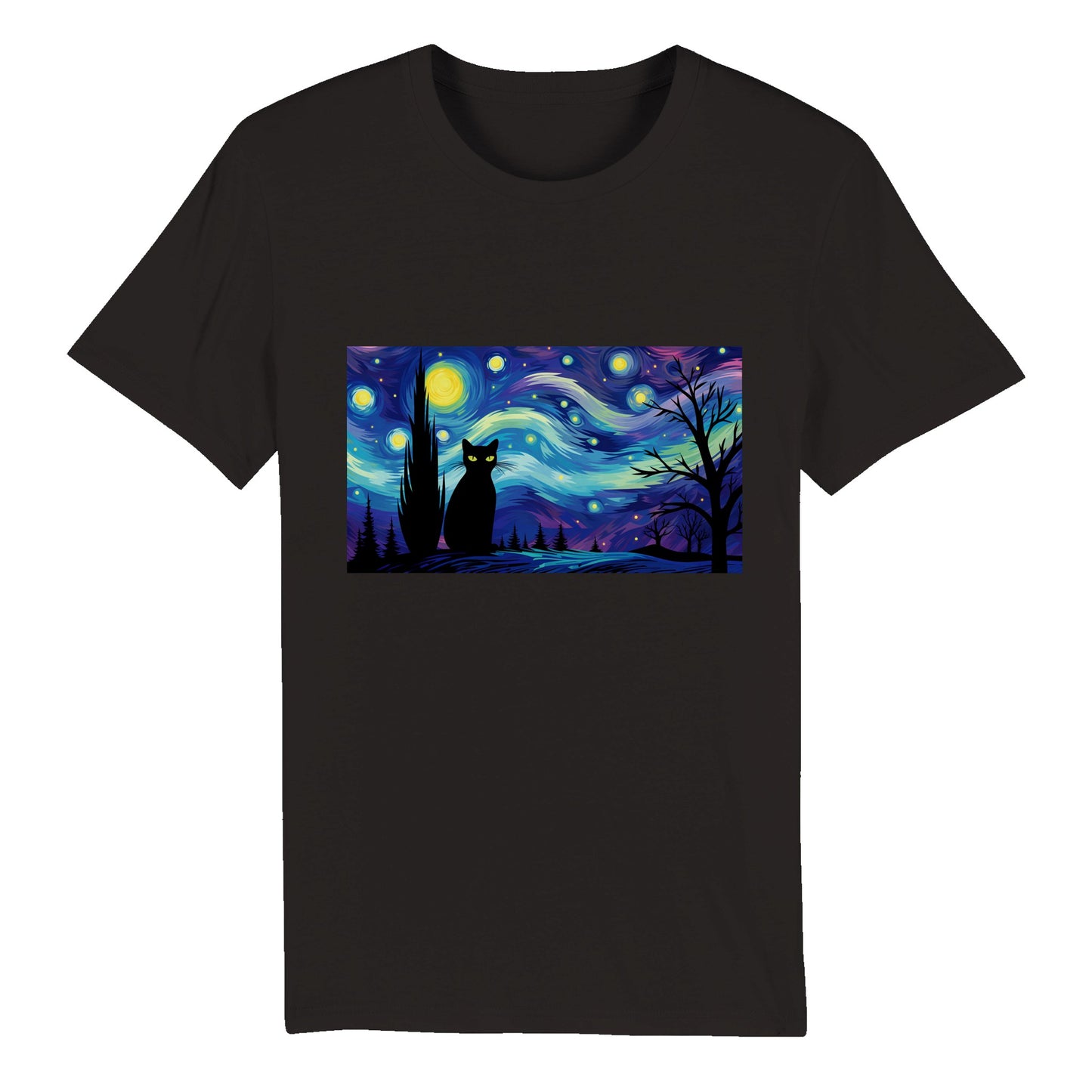 100% Organic Unisex T-shirt/Black-Cat-Starry-Night-Halloween