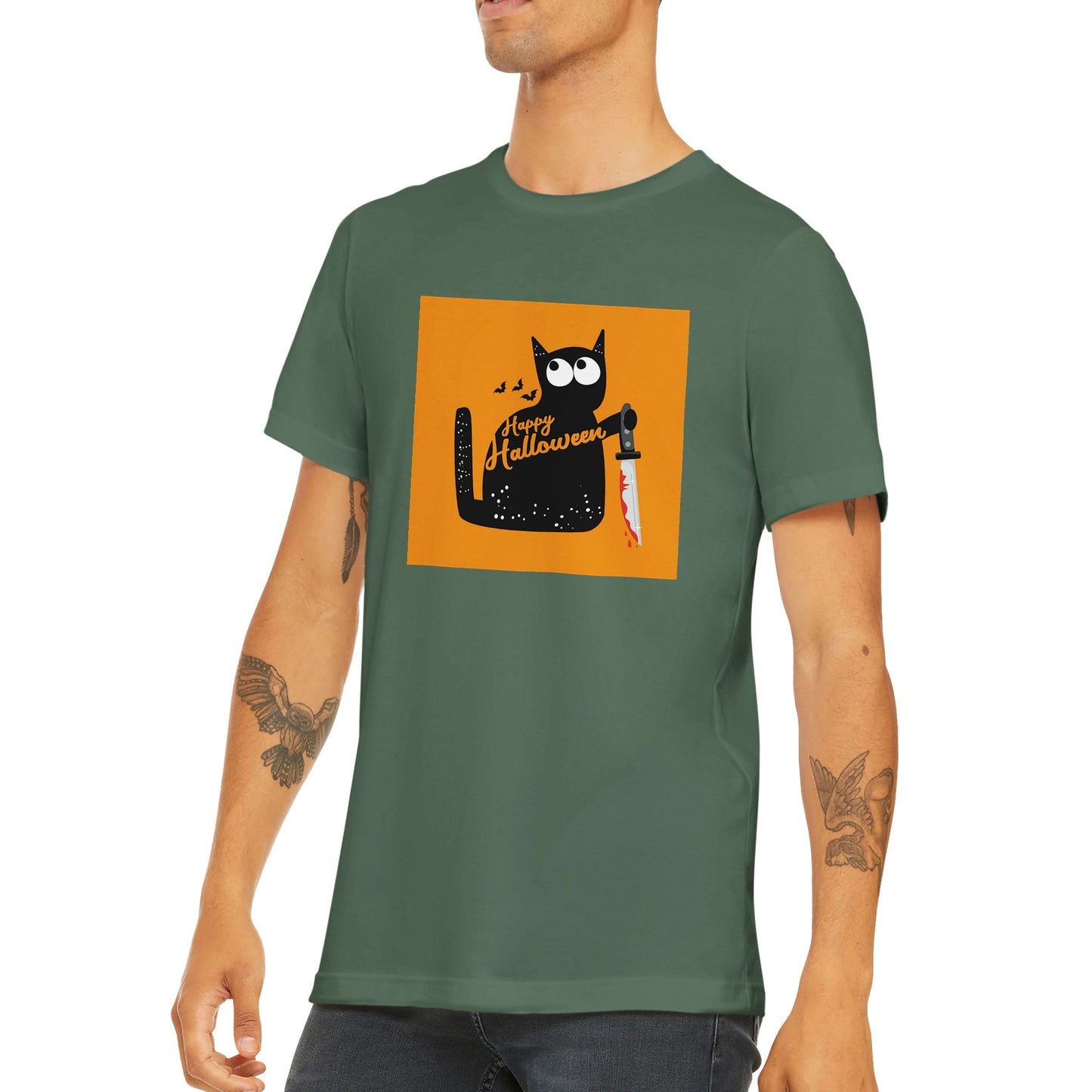 Budget Unisex Crewneck T-shirt/Cat-Holding-Bloody-Knife