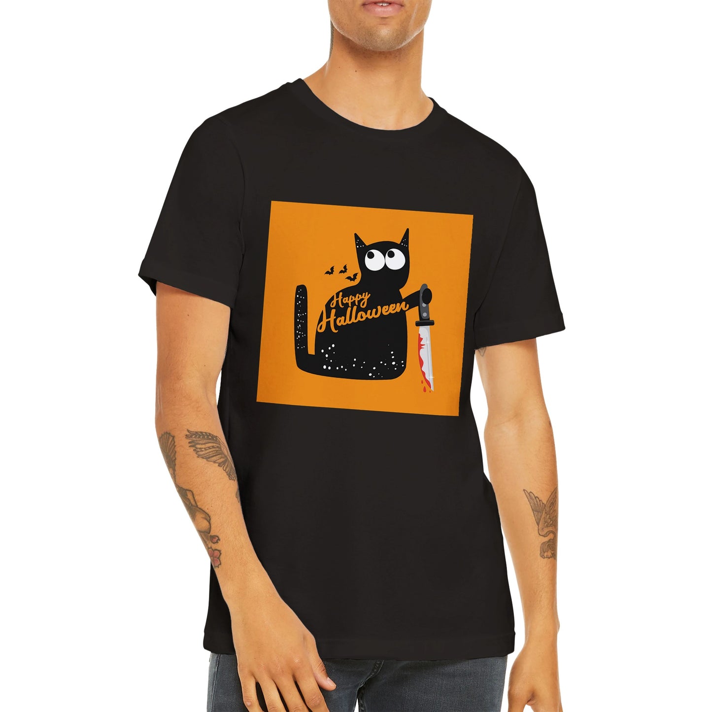 Budget Unisex Crewneck T-shirt/Cat-Holding-Bloody-Knife