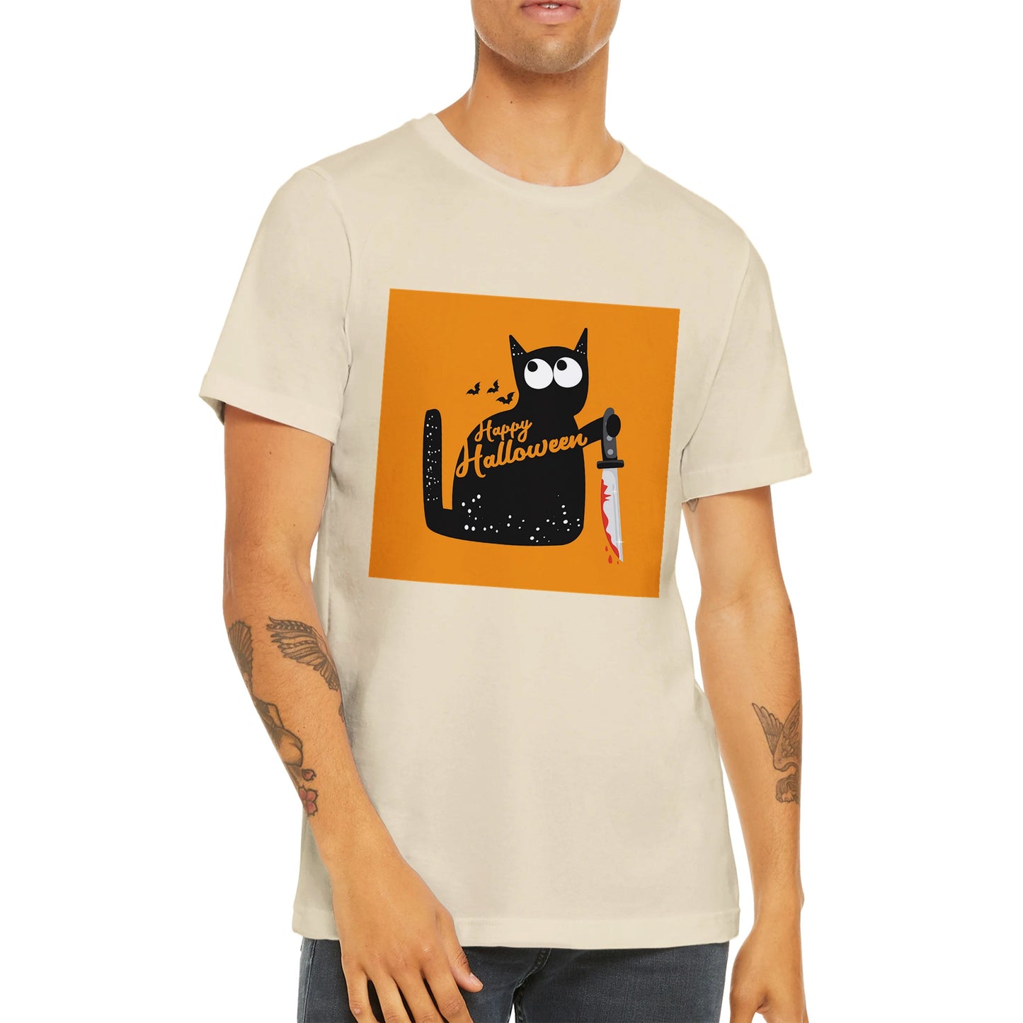 Budget Unisex Crewneck T-shirt/Cat-Holding-Bloody-Knife