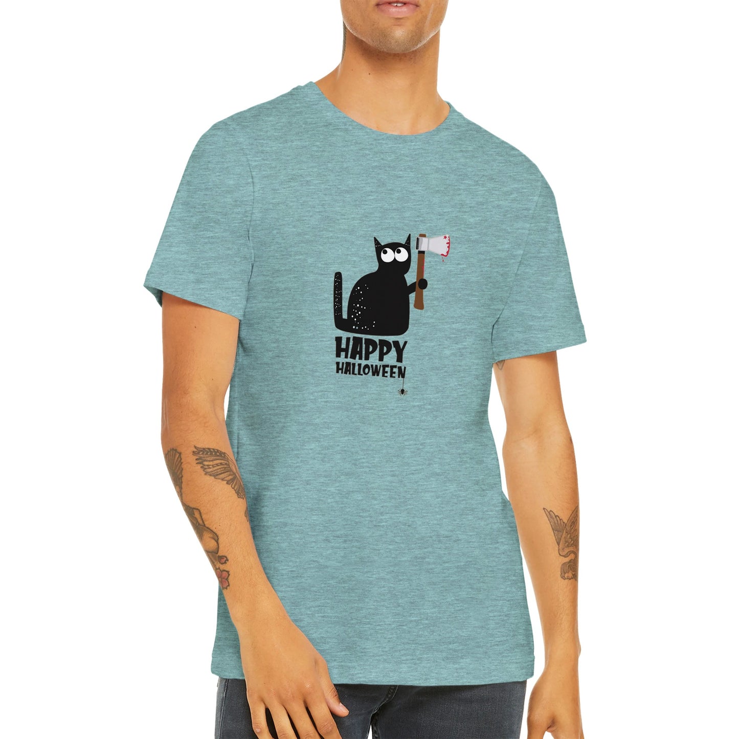 Budget Unisex Crewneck T-shirt/Cat-Holding-Bloody-Knife