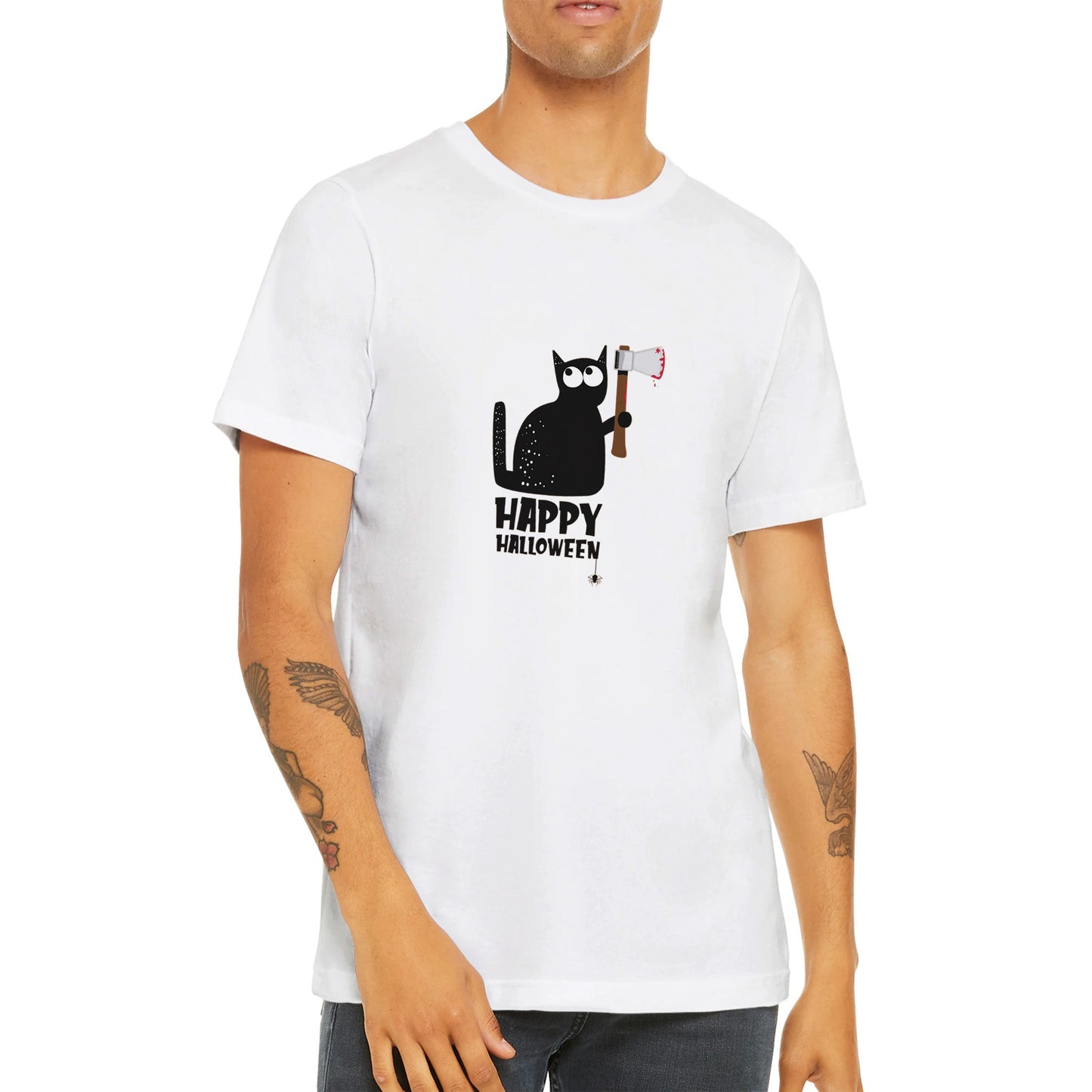 Budget Unisex Crewneck T-shirt/Cat-Holding-Bloody-Knife