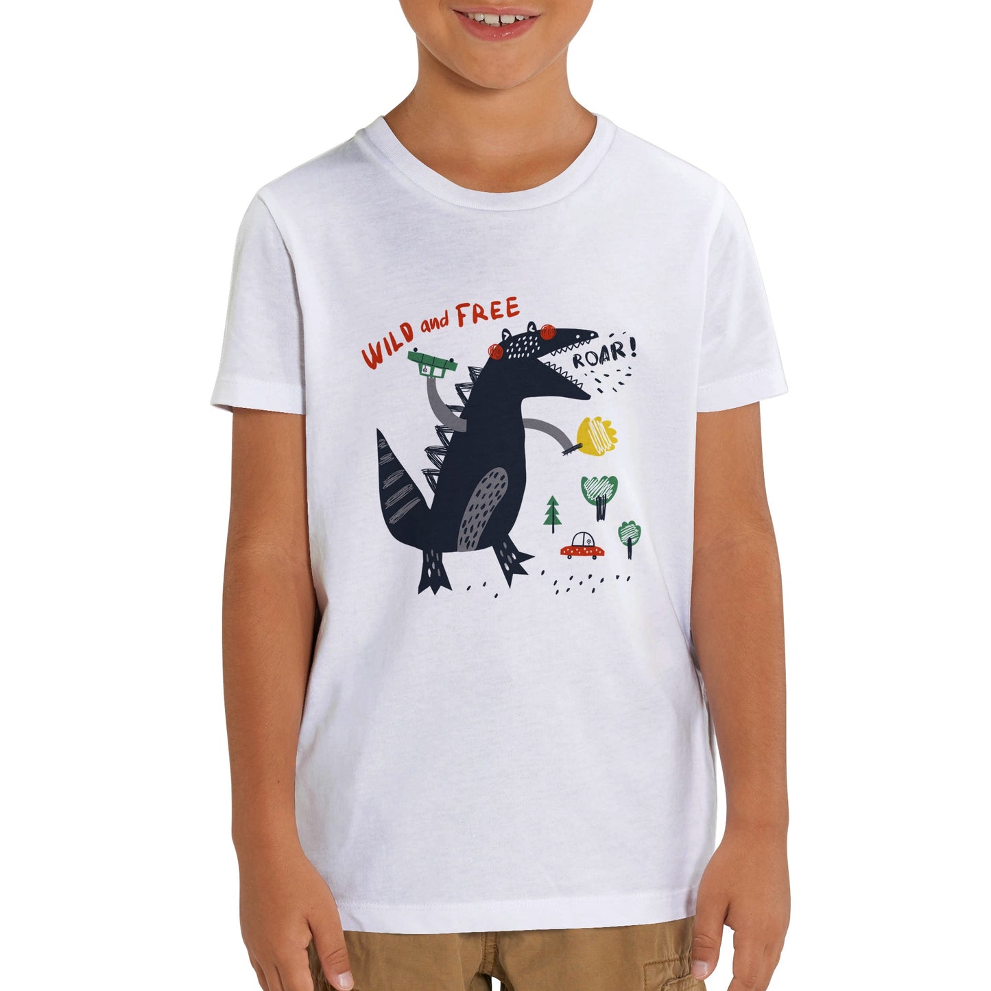 Organic Kids Crewneck T-shirt/Dino-Black-Roar