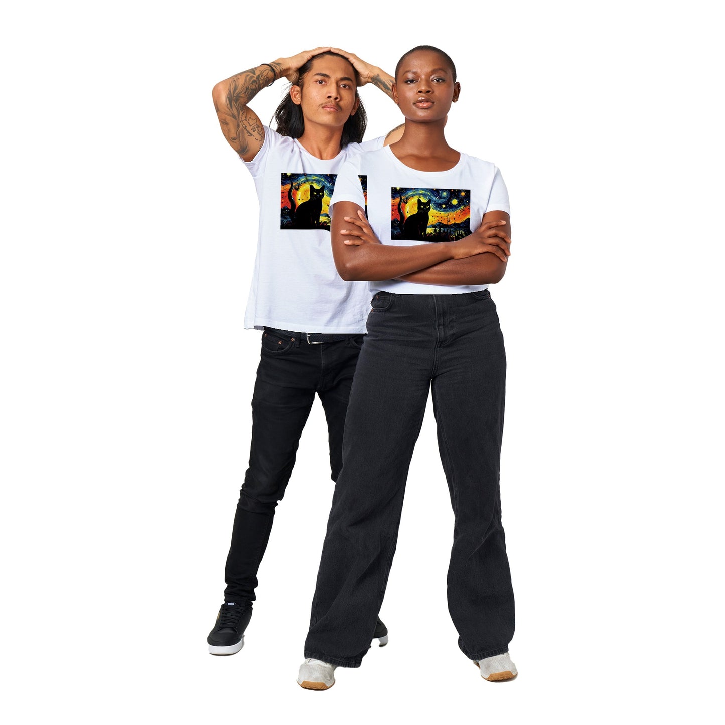 100% Organic Unisex T-shirt/Black-Cat-Van-Cogh-Halloween