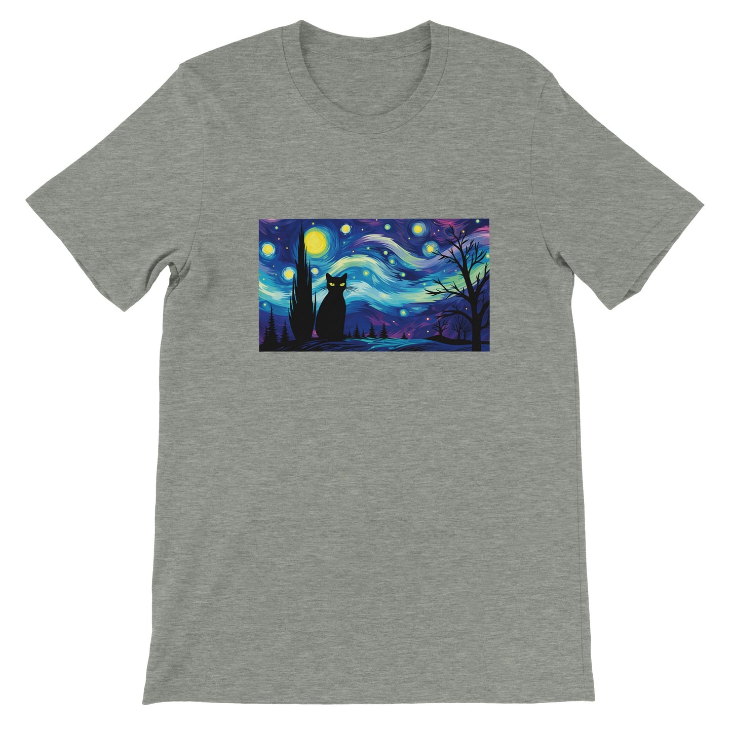 Budget Unisex Crewneck T-shirt/Black-Cat-Starry-Night-Halloween