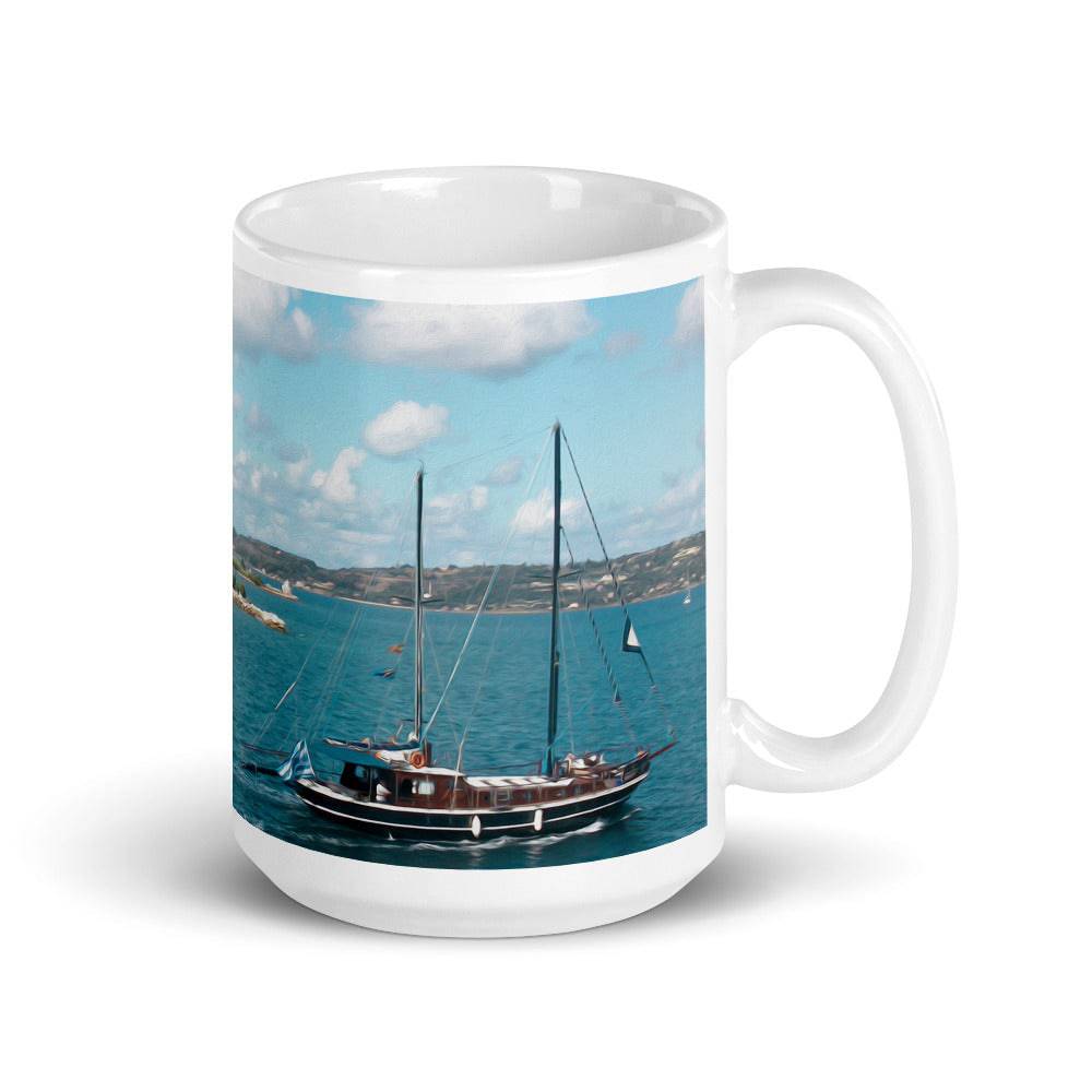 White glossy mug/Sailing Boat - Enet Images