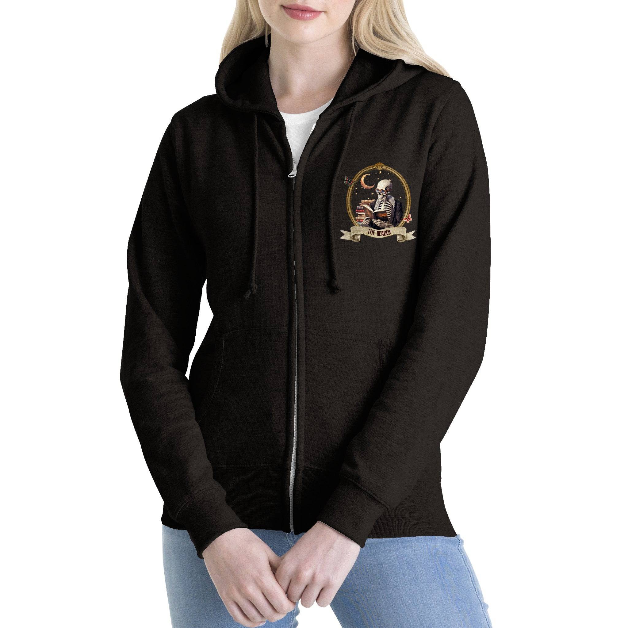 Premium Unisex Zip Hoodies/Skeleton-Reader-Halloween - Enet Images