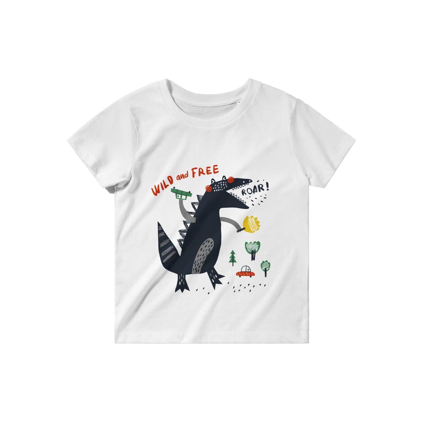 Bio-Kinder-T-Shirt mit Rundhalsausschnitt/Dino-Schwarz-Brüllen