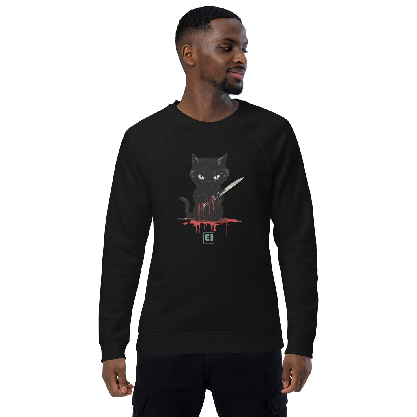 Unisex organic sweatshirt/Cat-Holding-Knife