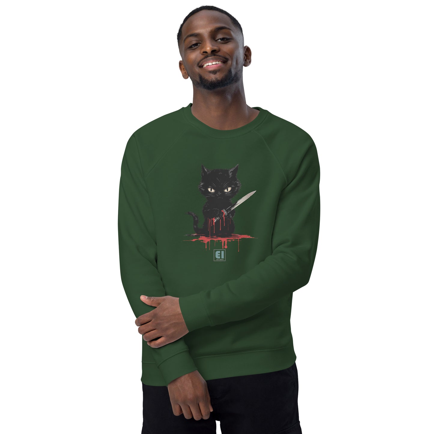 Unisex organic sweatshirt/Cat-Holding-Knife